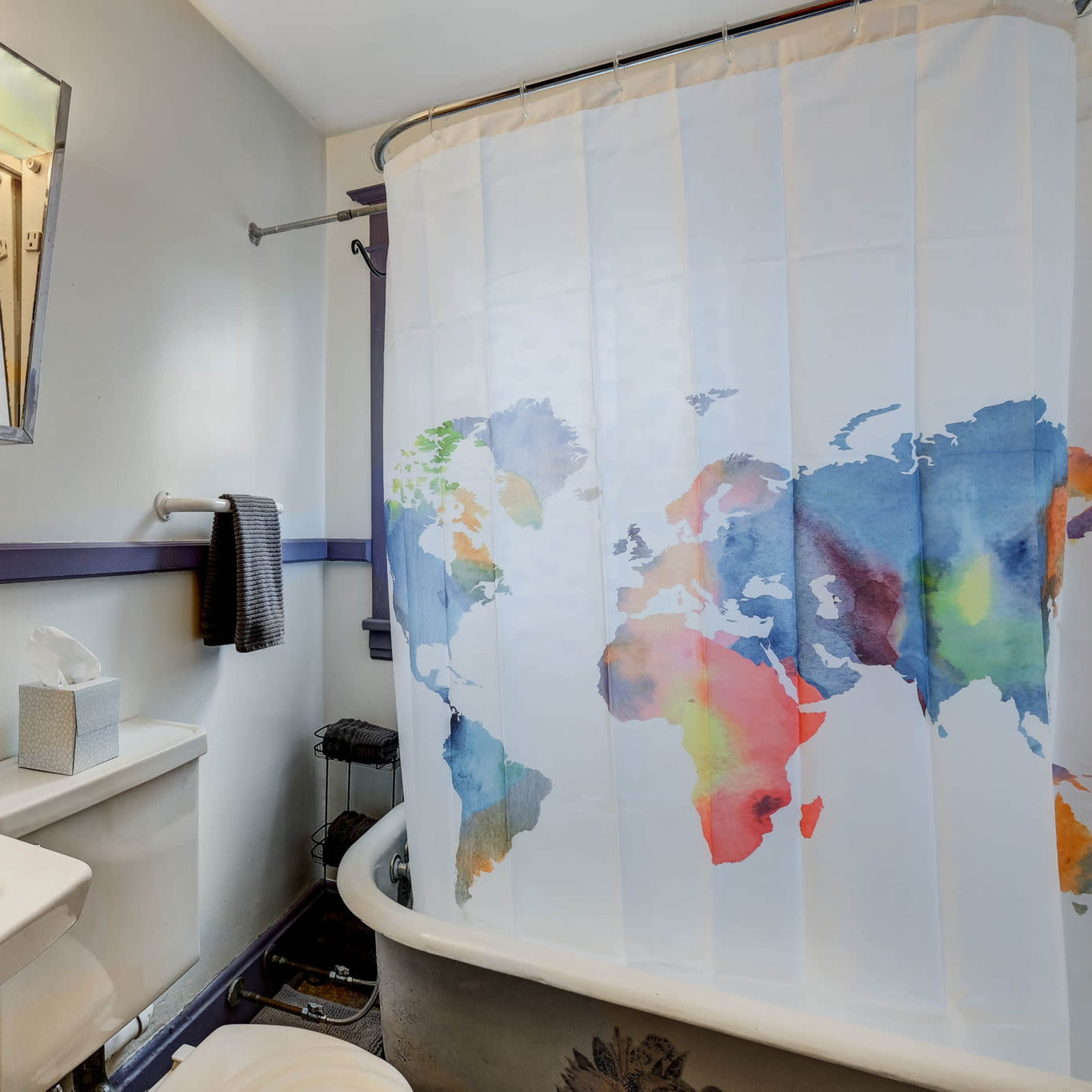 A bathroom featuring a bathtub with a world map shower curtain, a small sink, and a mirror above it.