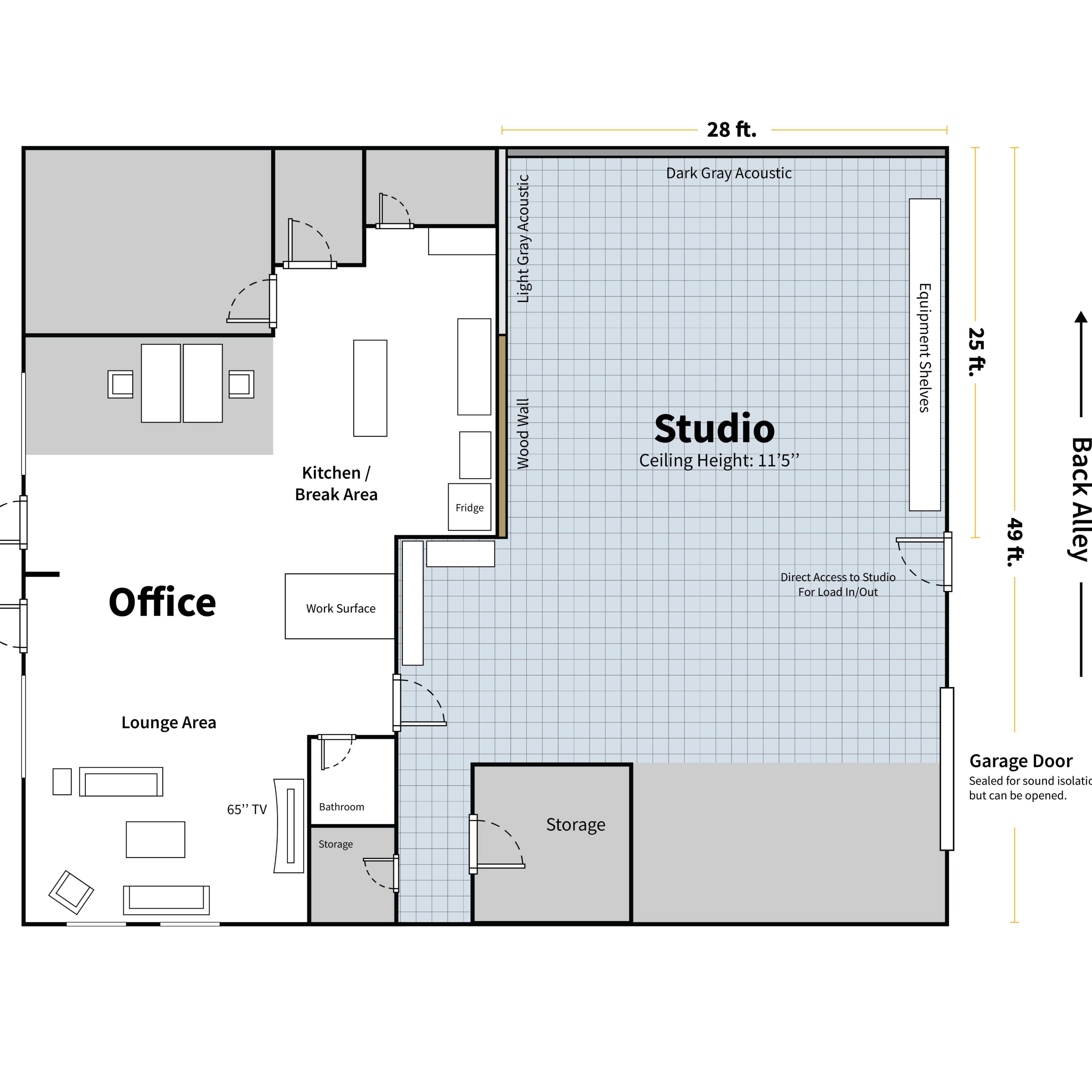 The layout diagram shows a workspace with an office, kitchen, lounge area, bathroom, storage, and a sound studio, with designated measurements for each section.