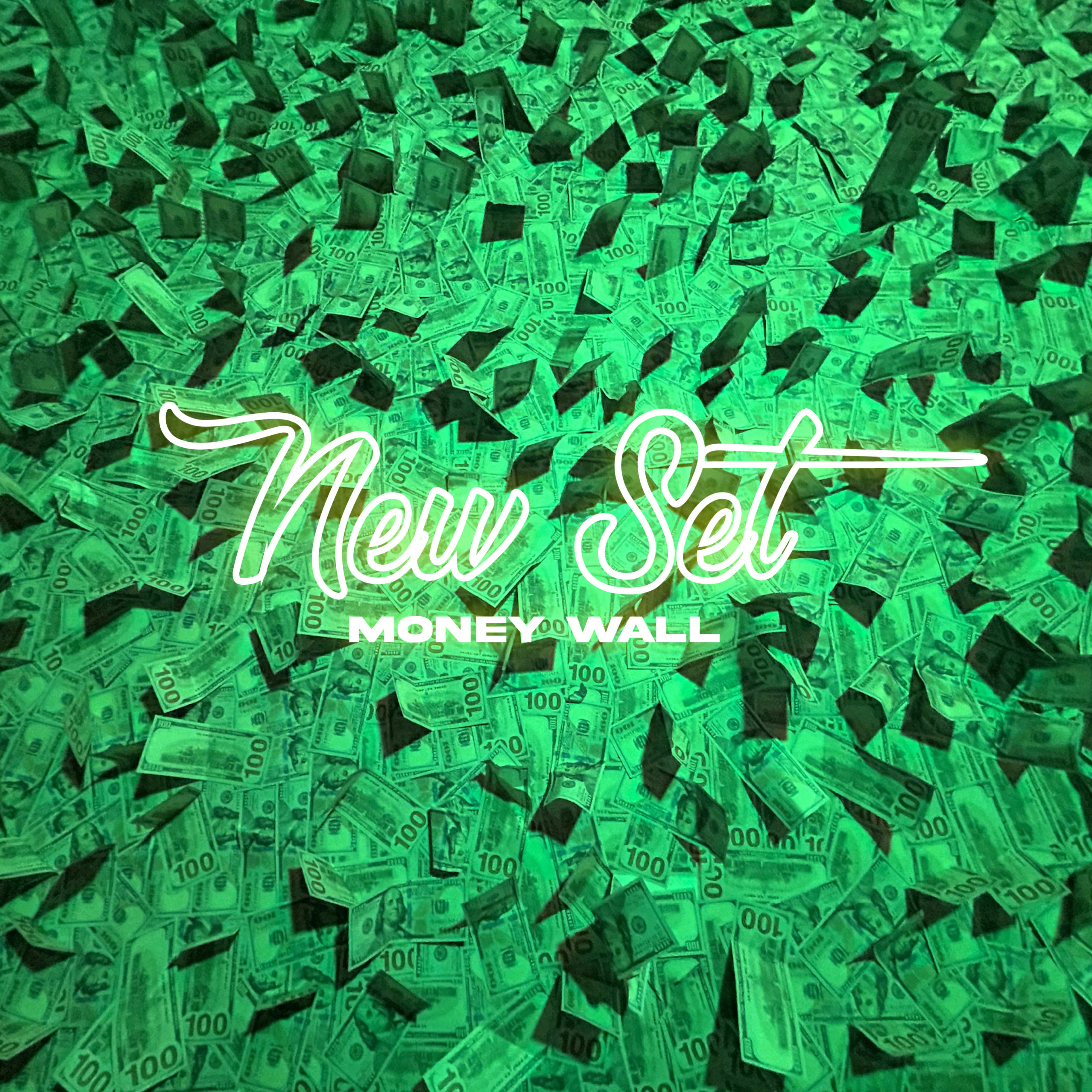A wall covered with numerous dollar bills and the text "New Set Money" prominently displayed in white.