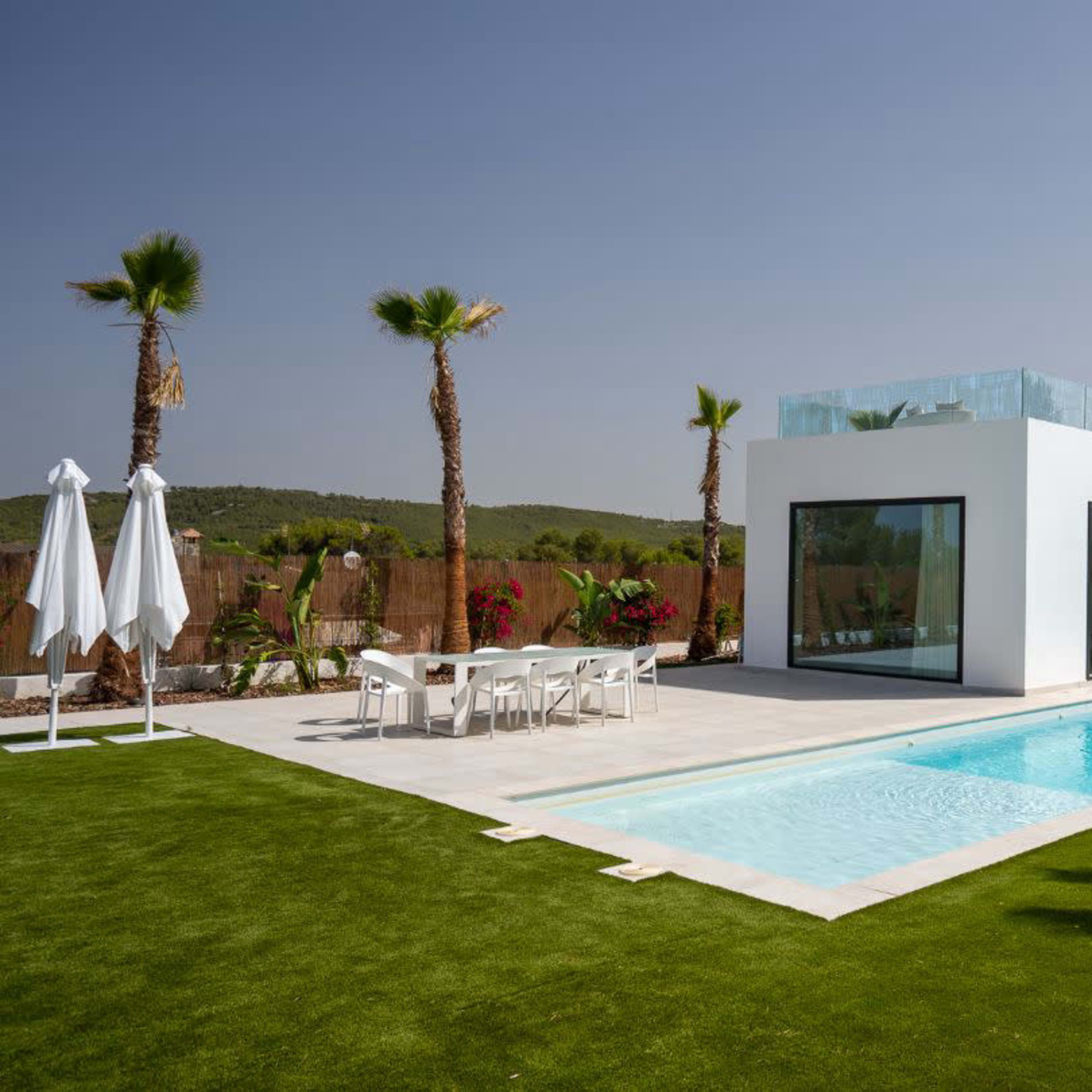A modern house with large windows, a swimming pool, and a landscaped yard featuring palm trees and lounge chairs.