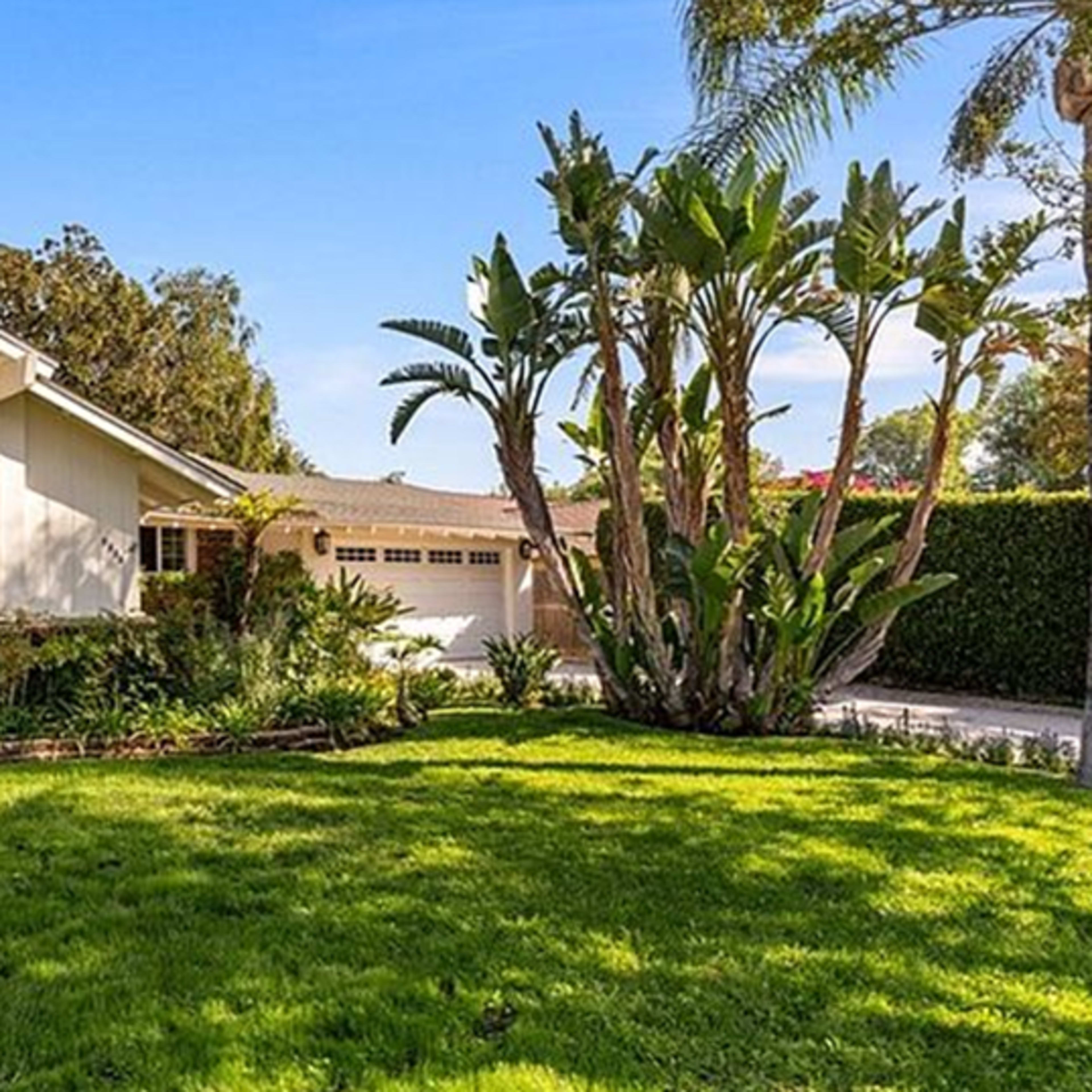 A single-story house with a sloped roof is surrounded by a well-maintained lawn and several palm trees.