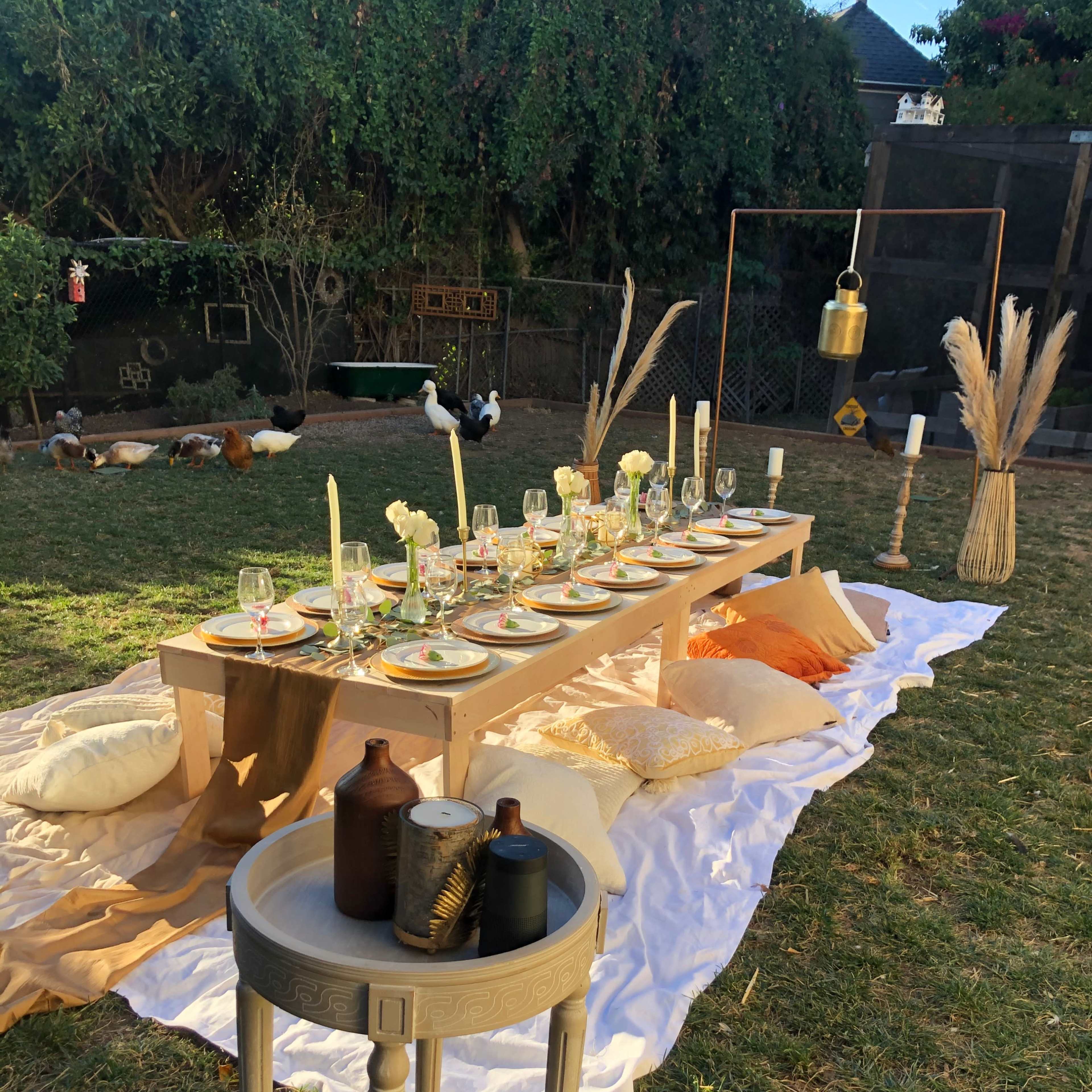 An outdoor dining setup with a long table adorned with plates, glasses, and candles, surrounded by pillows and decorations on a grassy area.