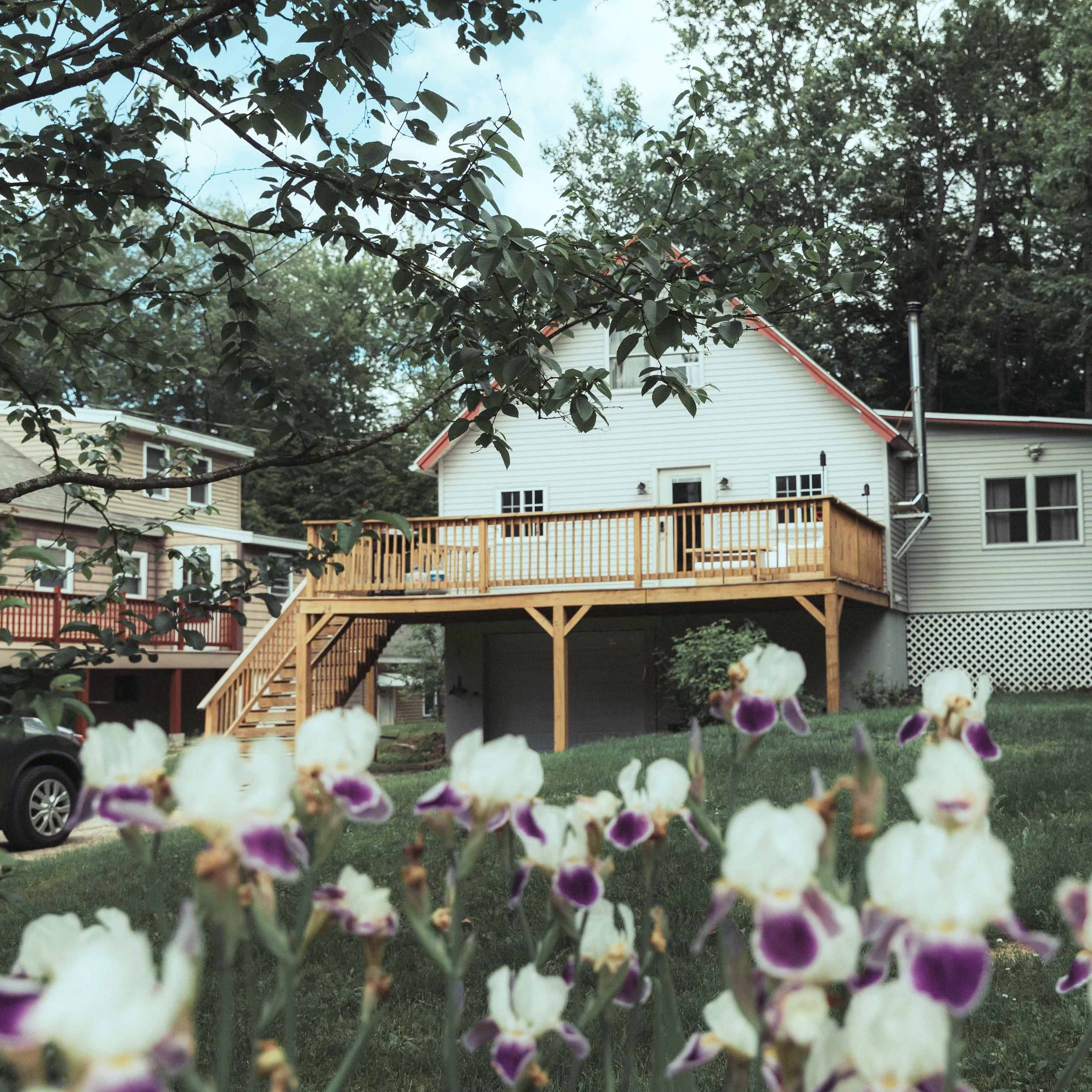 A two-story house with a wooden deck is surrounded by green grass and blooming purple and white flowers.