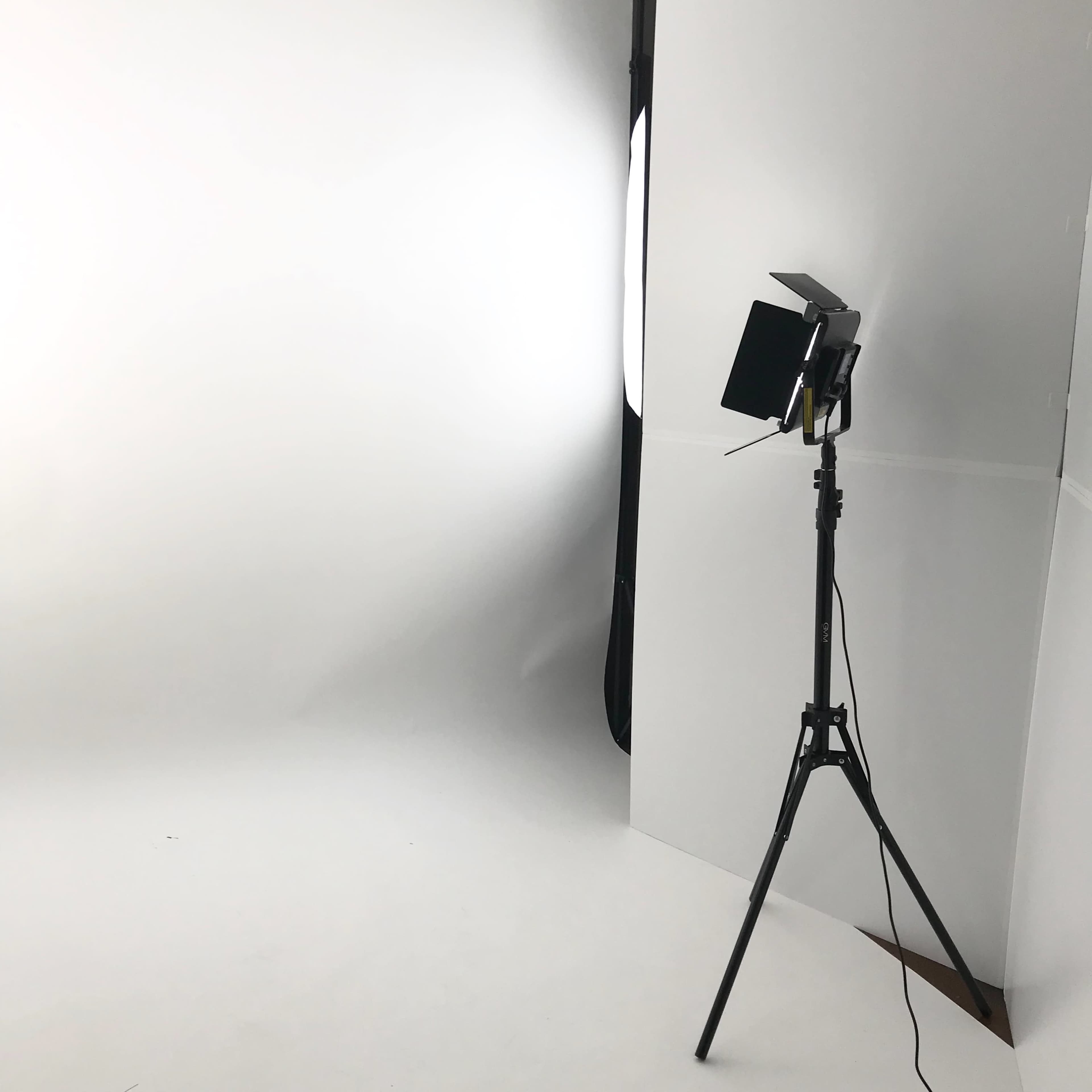 A photography studio with a blank white backdrop and a lighting setup on a tripod.