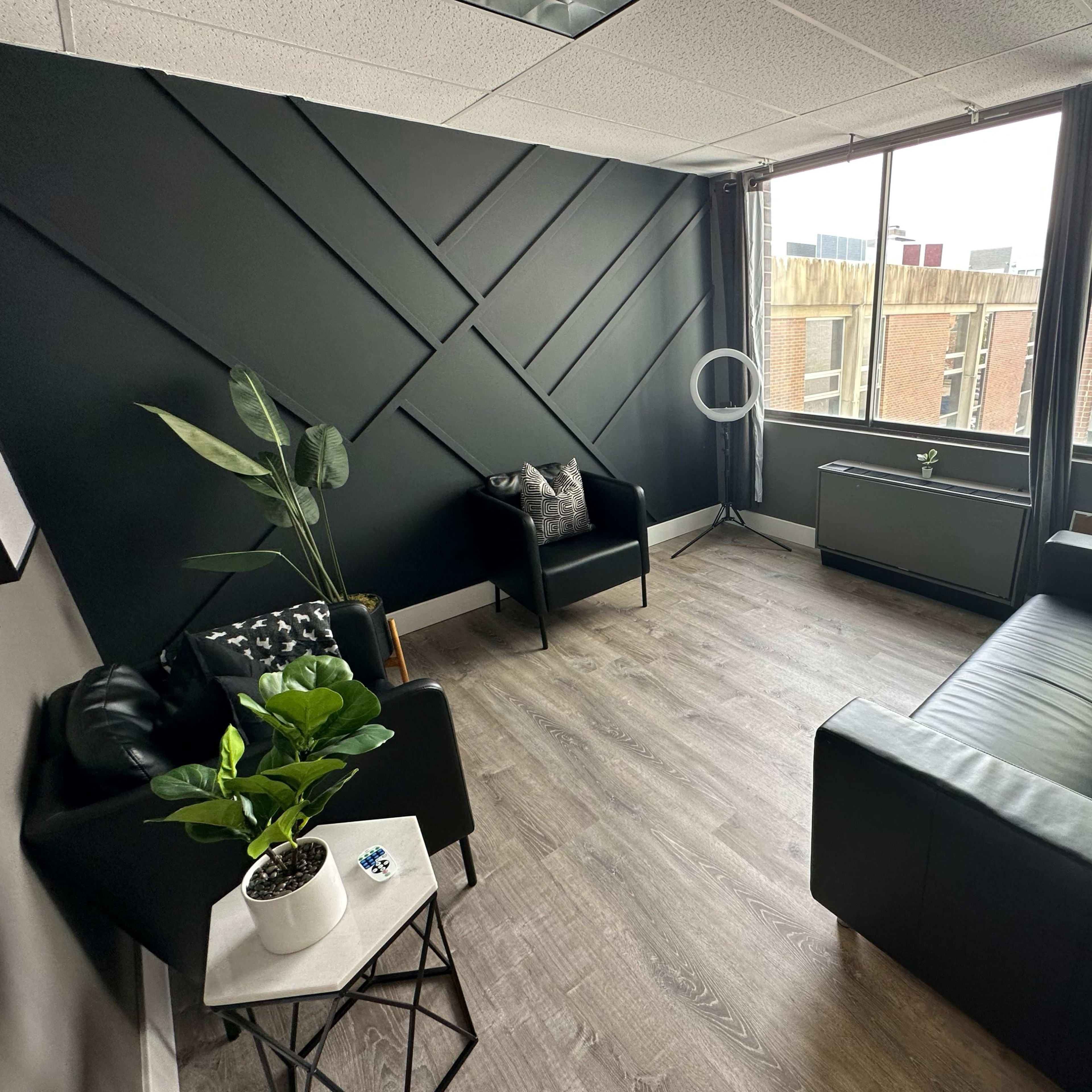 A modern, minimalistic lounge with a black accent wall, a black sofa, an armchair, a small potted plant on a side table, and large windows revealing a city view.