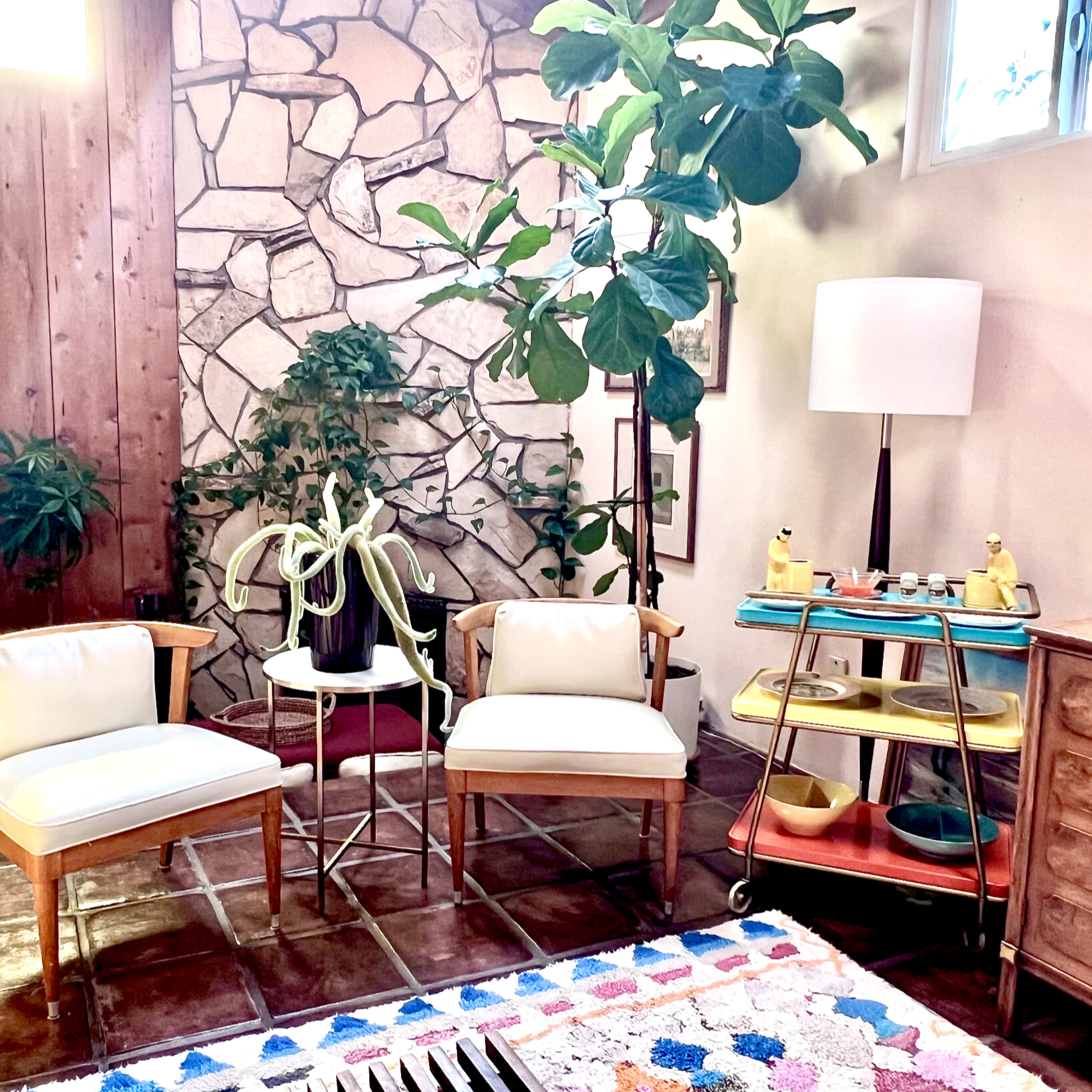 Colorful Midcentury Vaulted Family Room w/Bar, Sunken Fireplace, 50s/60s Decor, Greenery, Natural Light Image in Sunset Park, Santa Monica, CA