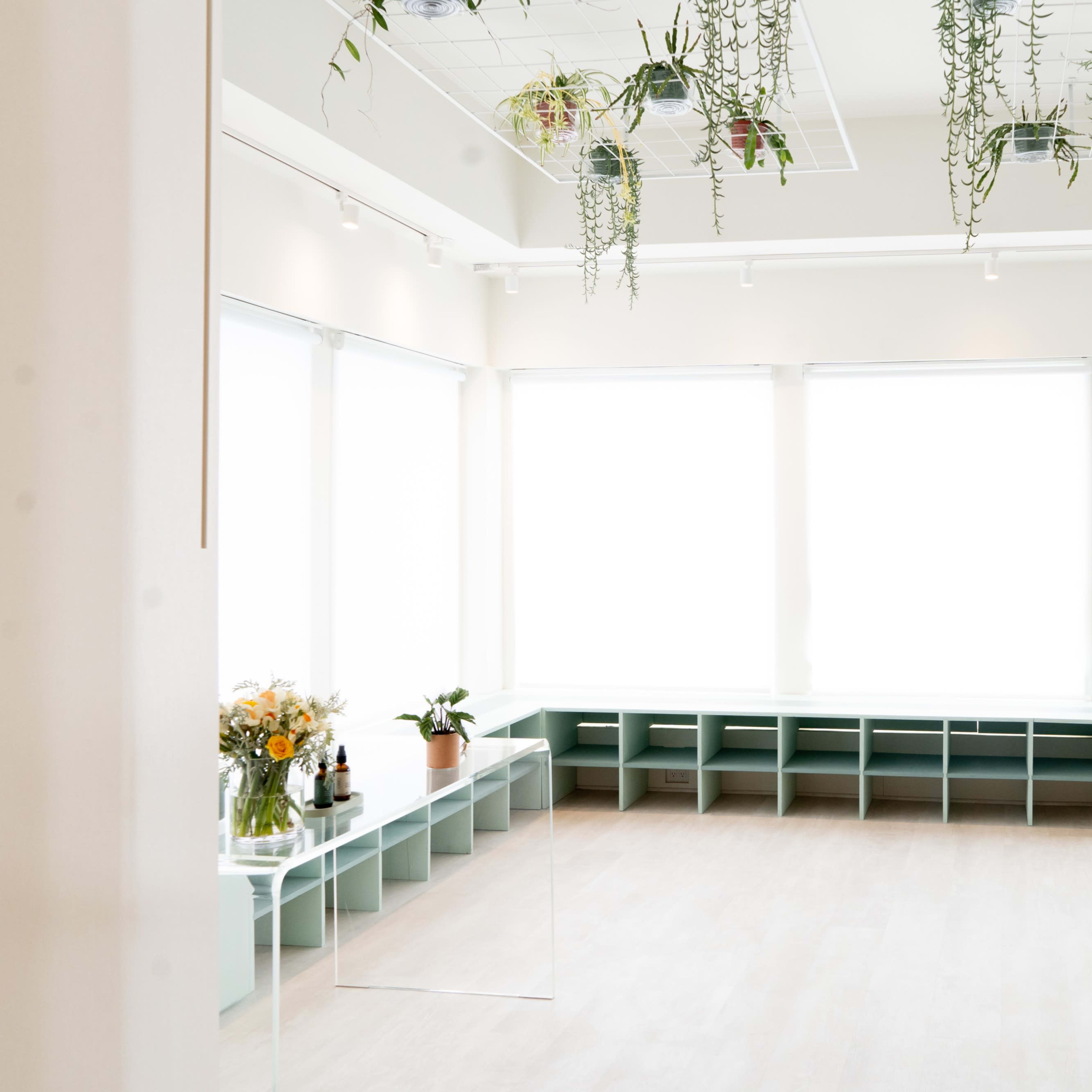 A bright, spacious room with large windows, showcasing a minimalistic interior design featuring shelving, plants hanging from the ceiling, and a simple table displaying flowers.