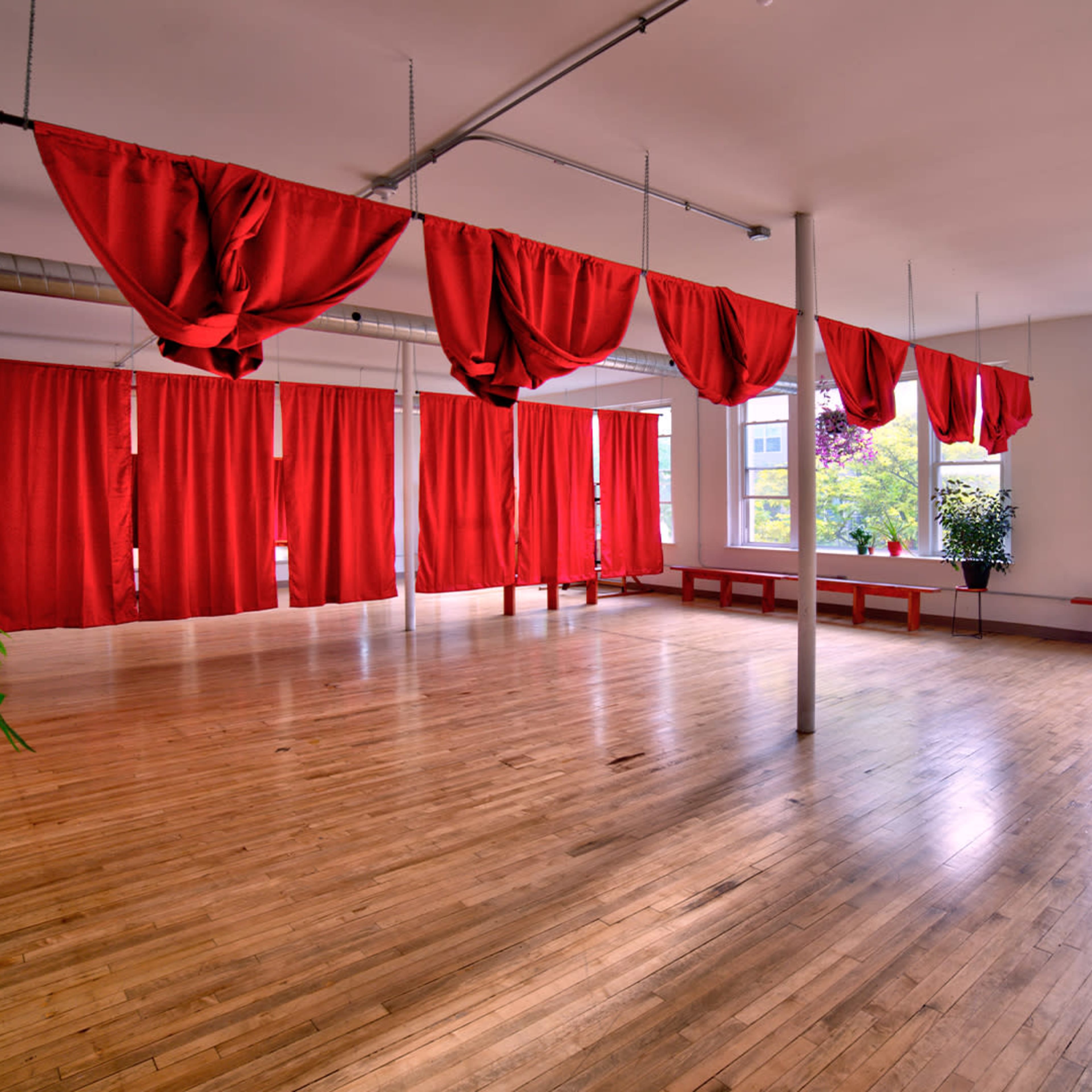 A spacious room with wooden flooring, red drapes hanging from the ceiling, and potted plants placed near the windows.