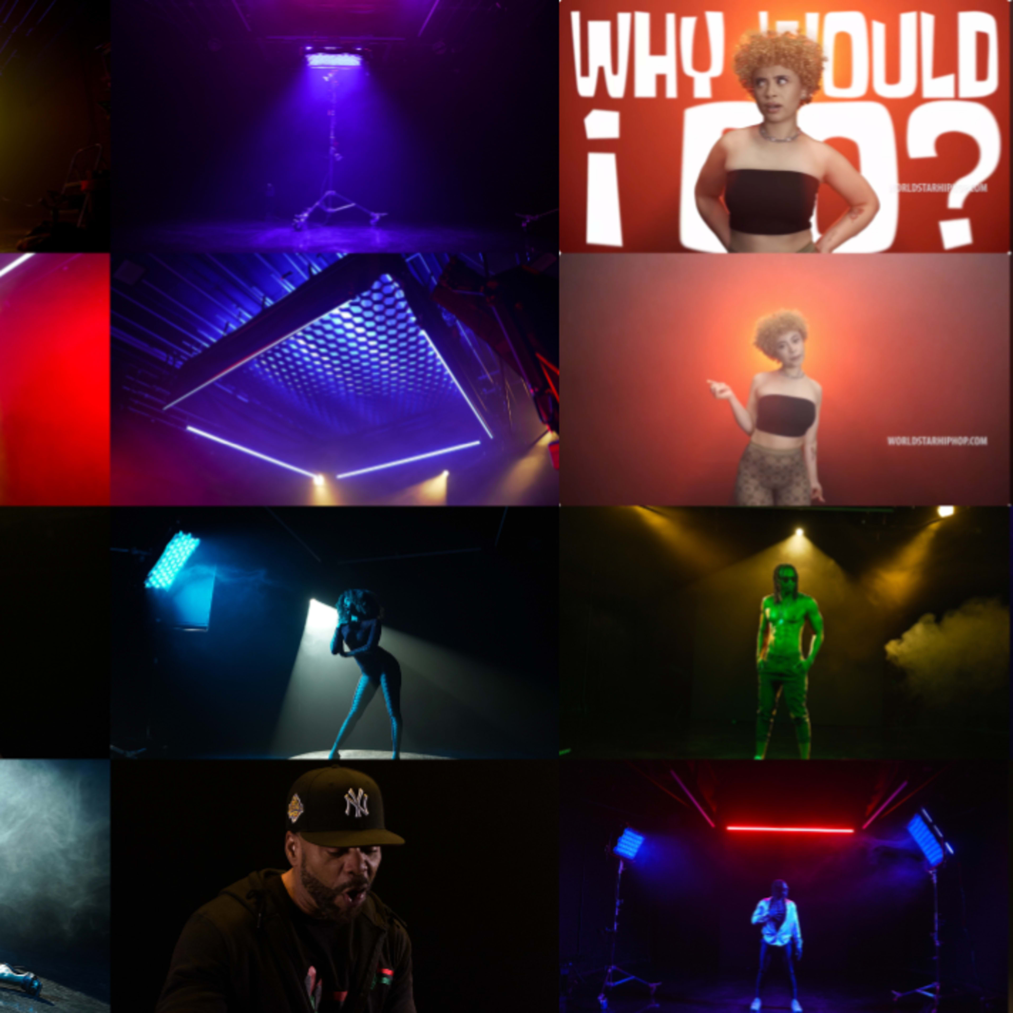 A grid of various scenes with performers under dramatic lighting setups, showcasing a mix of poses and expressions.
