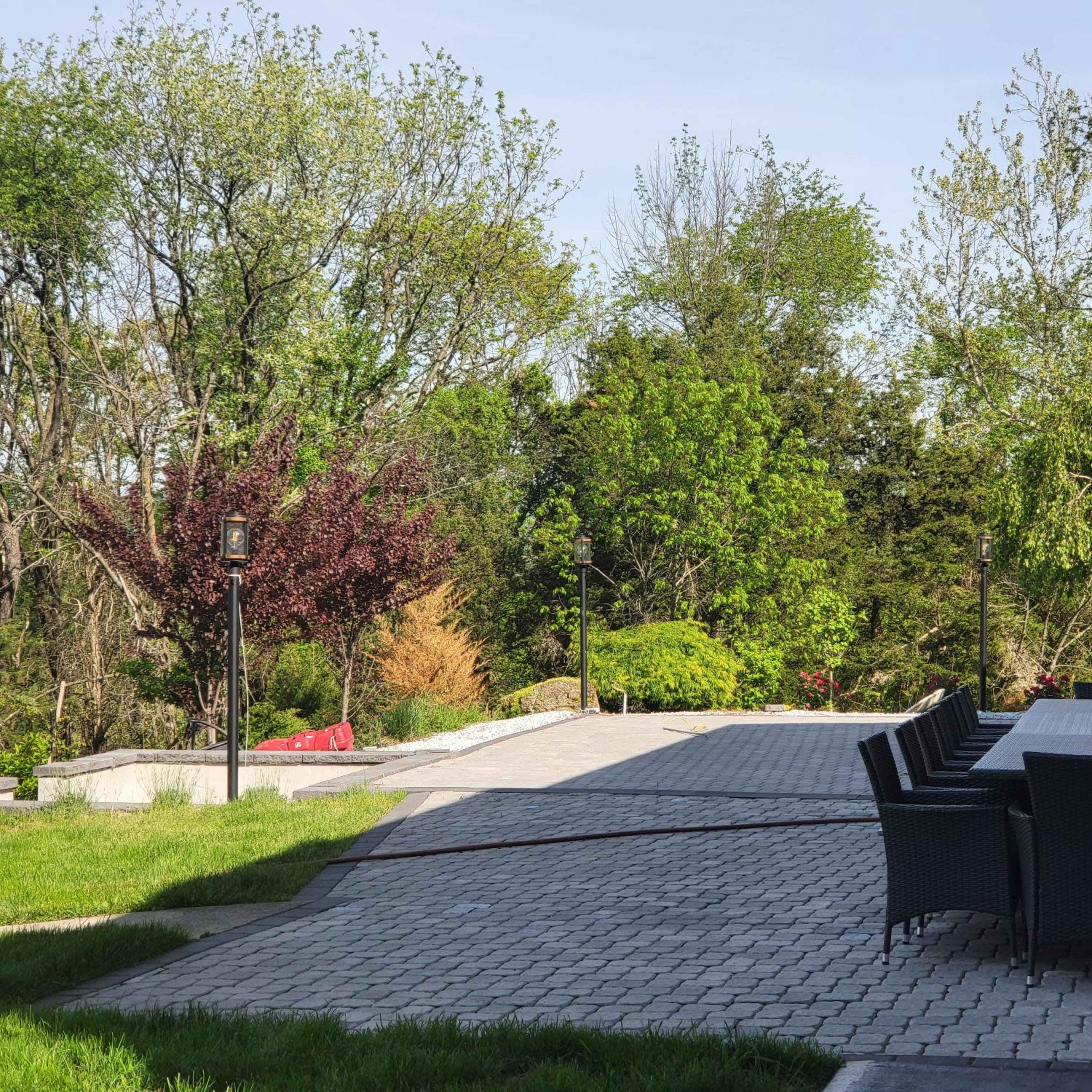A paved outdoor area with a large dining table and chairs, surrounded by trees and greenery.