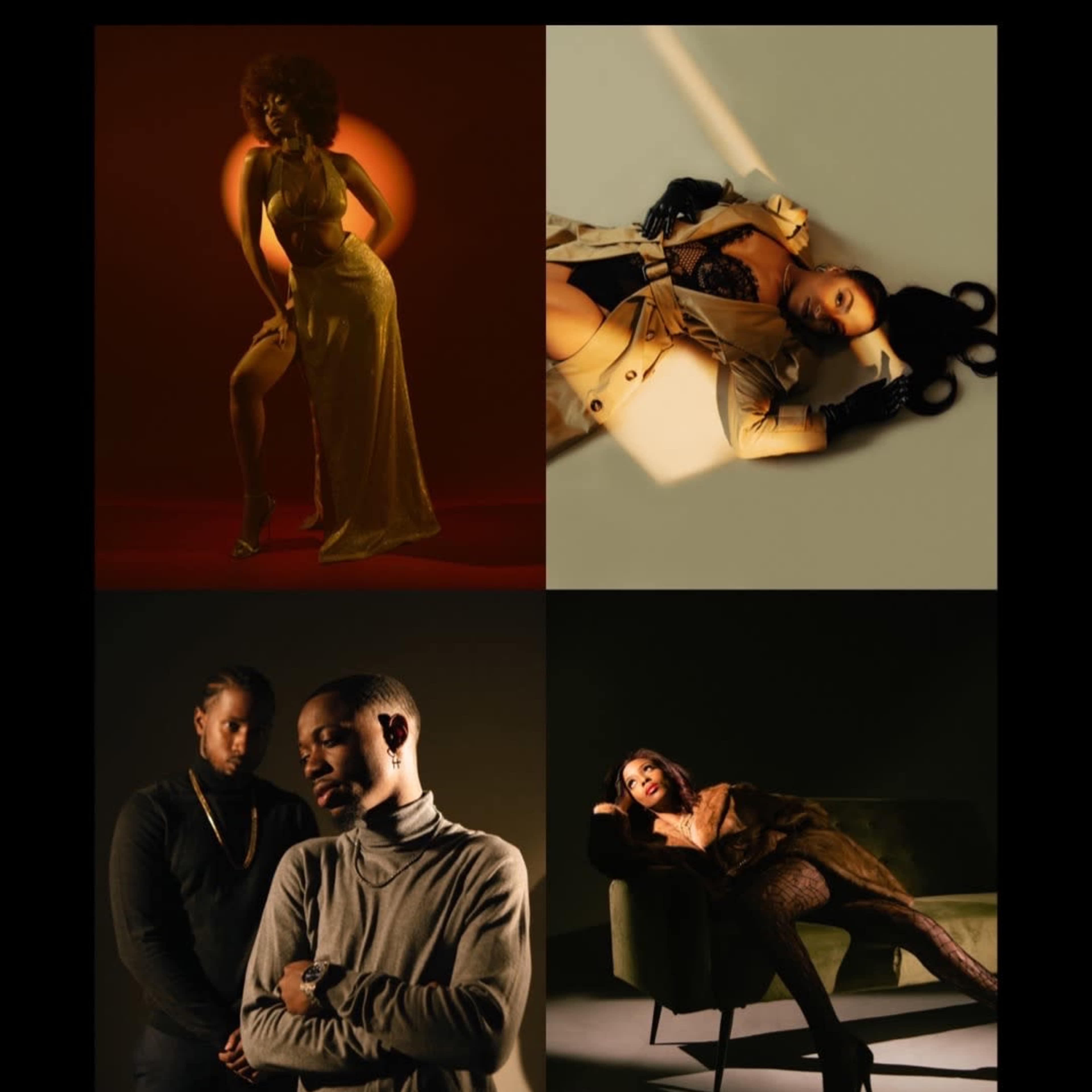 Four distinct panels showing various models in styled poses and outfits, each set against different color backdrops and settings.