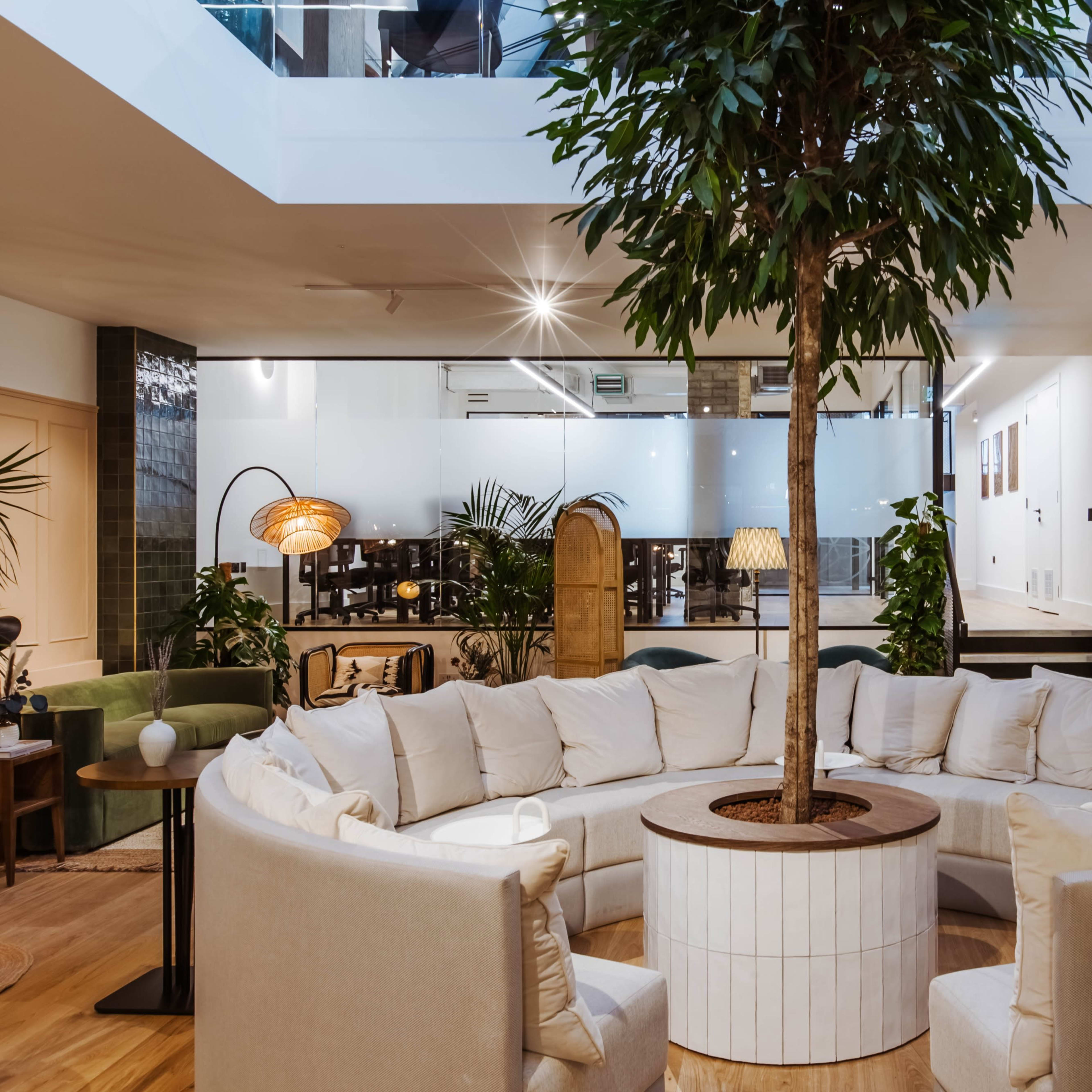A spacious interior featuring a circular seating area around a central tree, with a kitchen in the background and large windows allowing natural light.