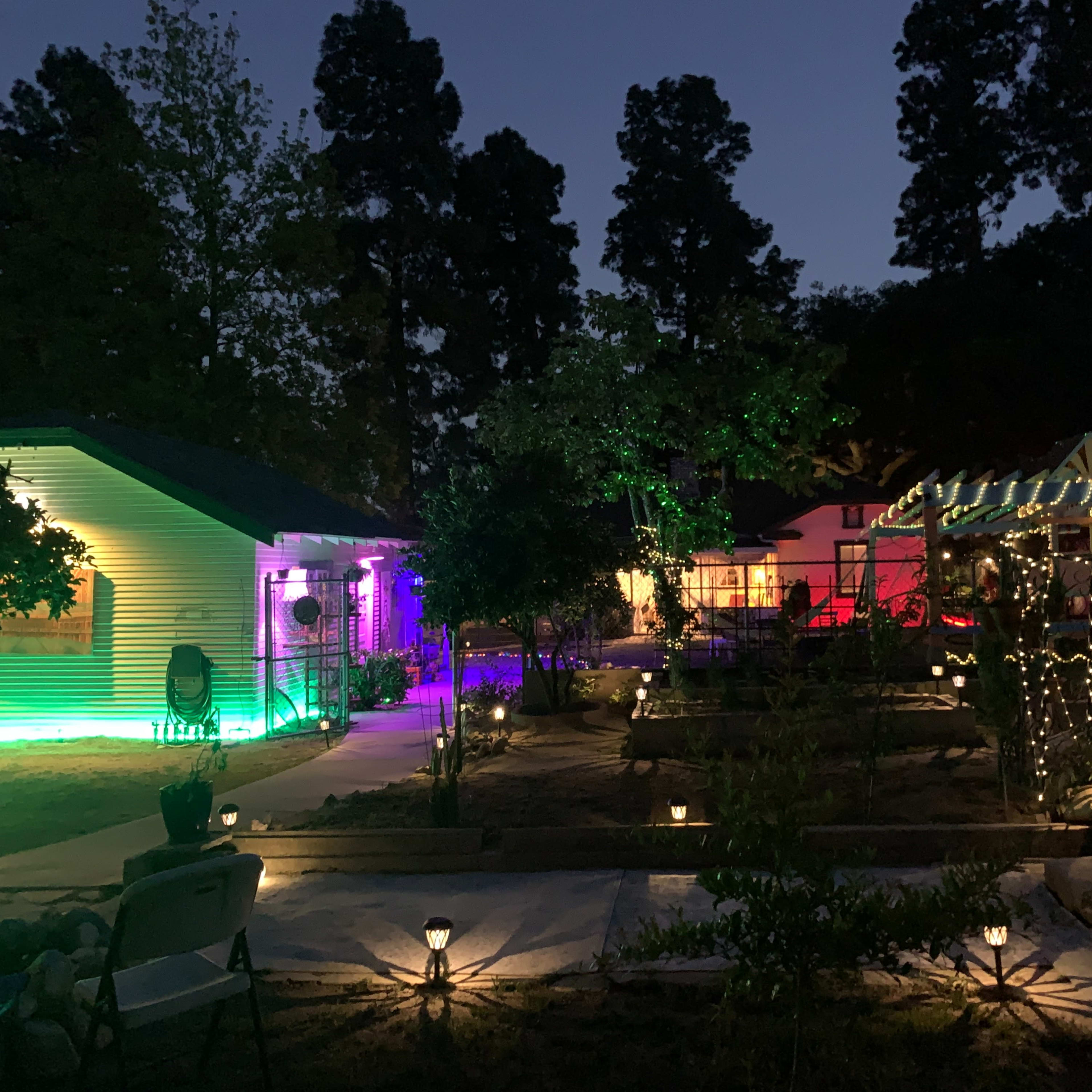 A courtyard with two brightly lit buildings, surrounded by landscaped paths and illuminated by various lights under a night sky.