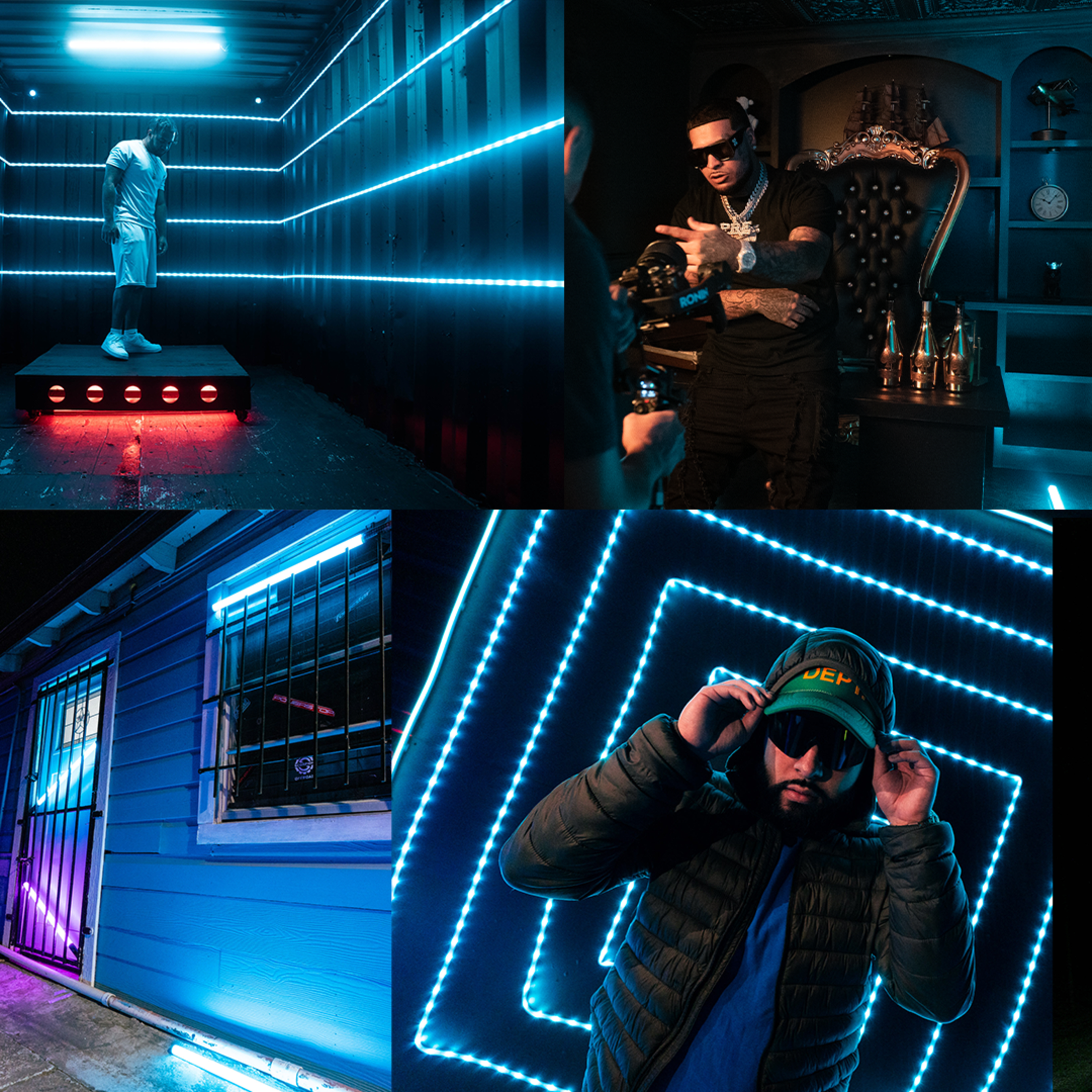 Various rooms illuminated with neon lights, showcasing a figure in a lit corner, a person in a mask, a barred space, an exterior building, a subject wearing a hood, and a dimly lit table.