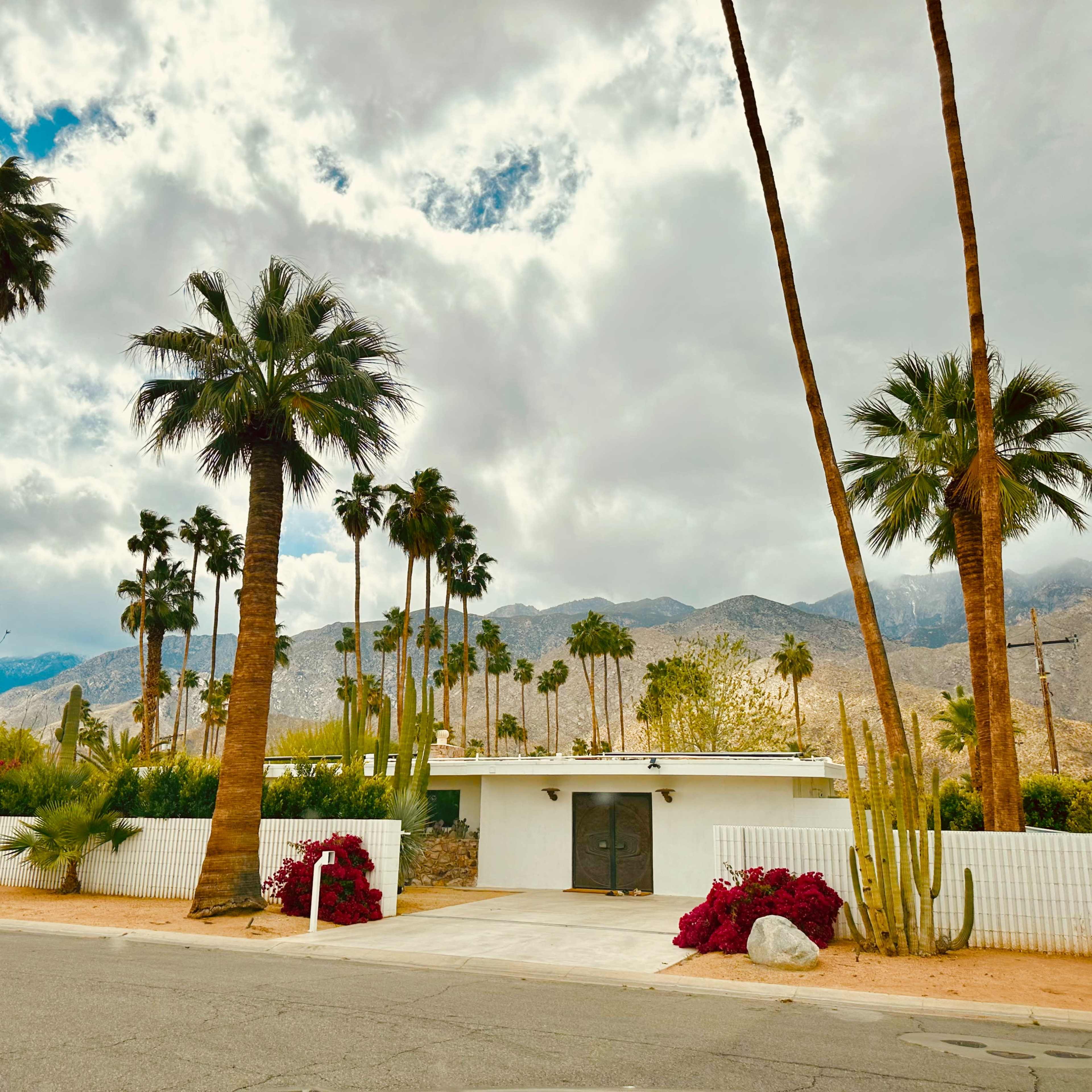 A single-story white house with a flat roof is surrounded by palm trees and colorful blooming plants, set against a backdrop of mountains under a cloudy sky.