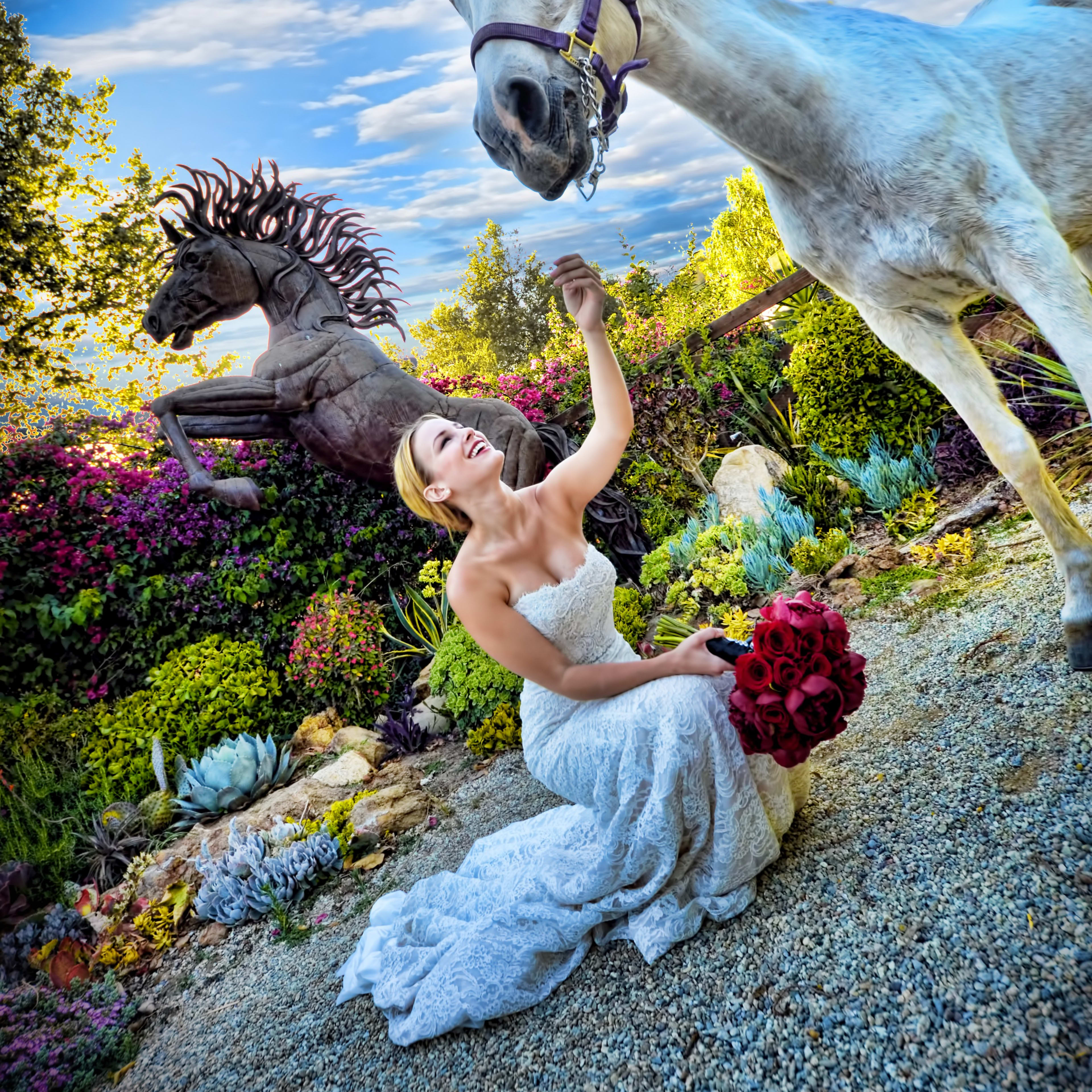 A bride in a white dress kneels in a garden while holding a bouquet of roses, reaching out to a white horse beside her, with a horse sculpture in the background.