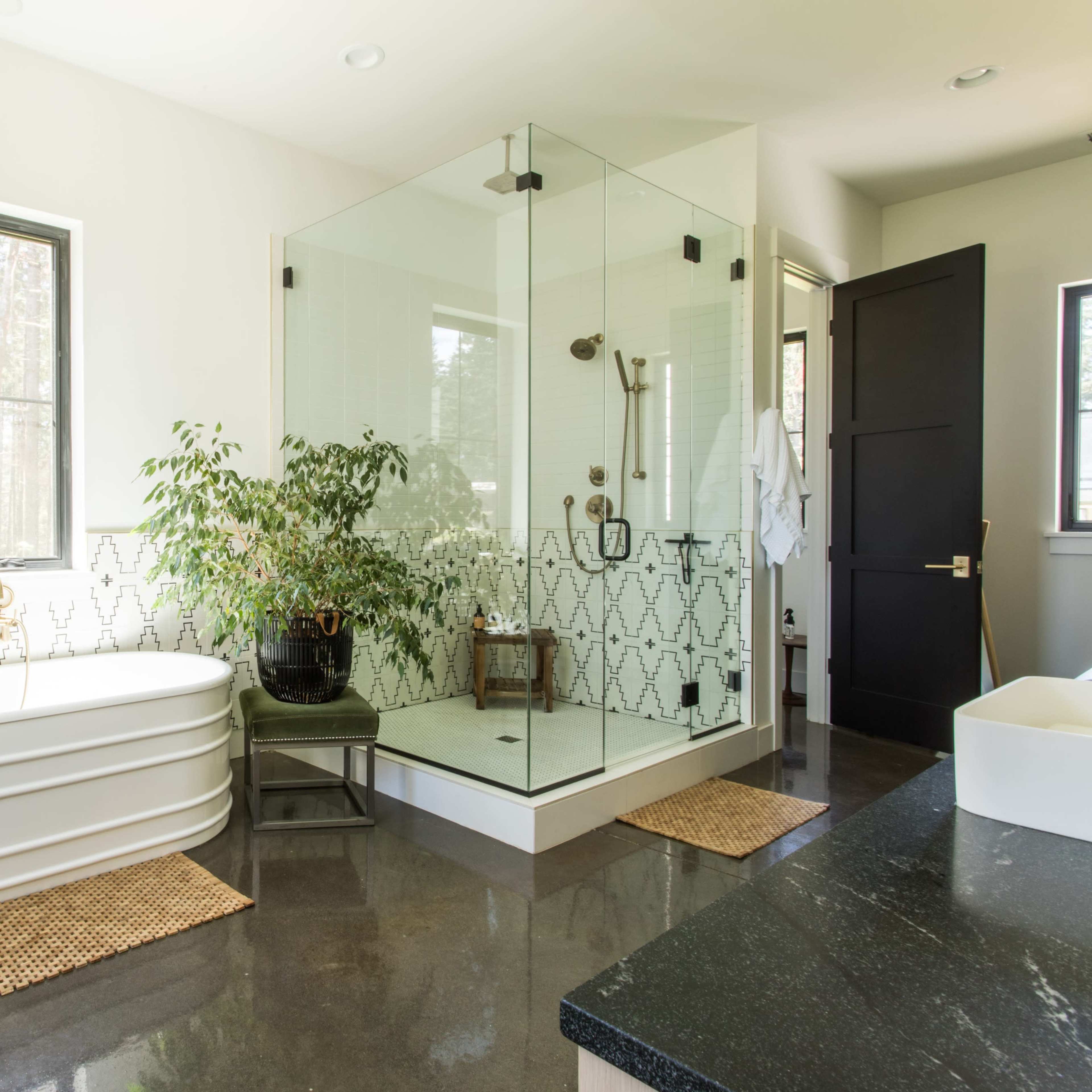 The bathroom features a glass-enclosed shower, a freestanding bathtub, and a plant, with a modern design and natural light streaming through a window.