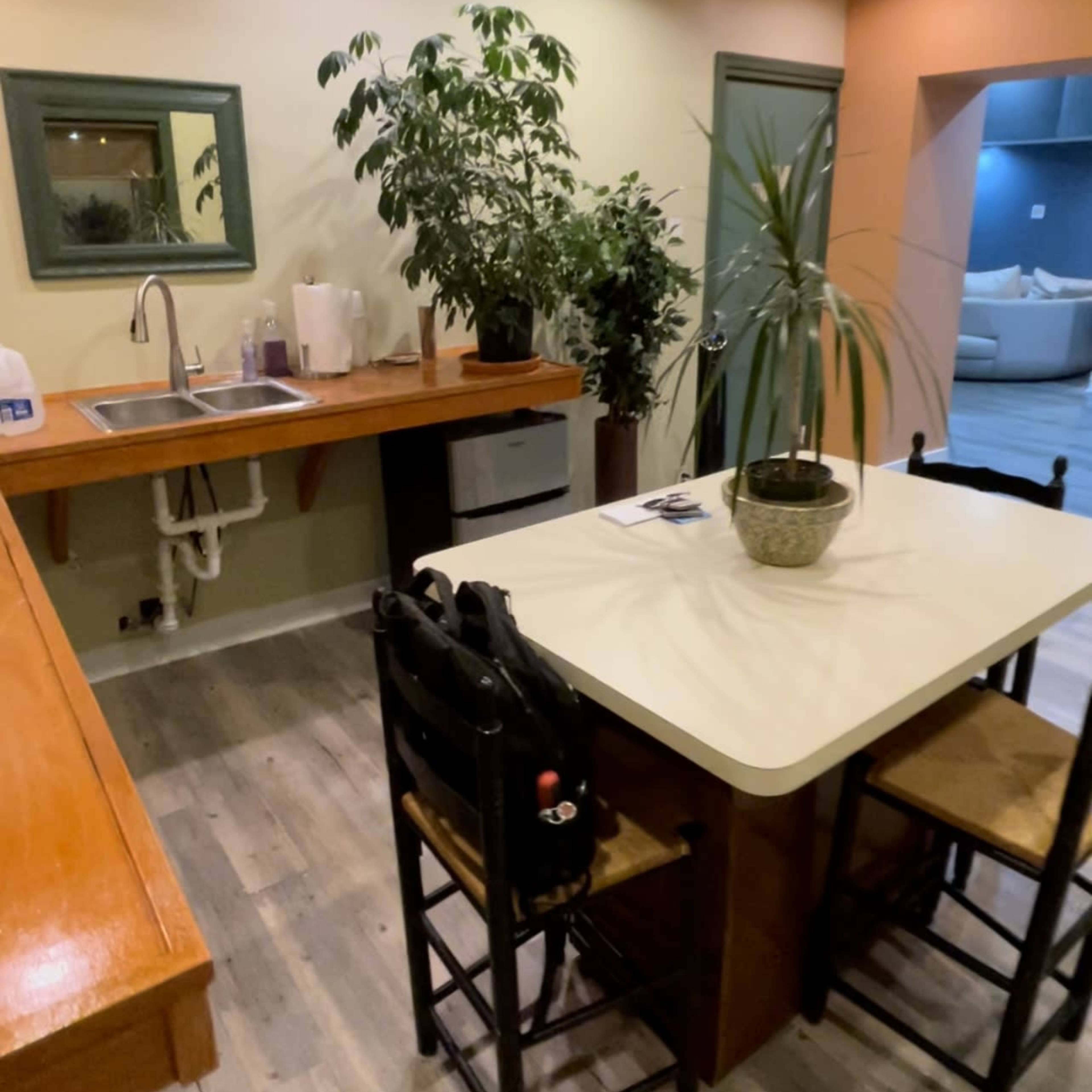A kitchen area with a wooden countertop, sink, and plant, accompanied by a small dining table with two chairs.