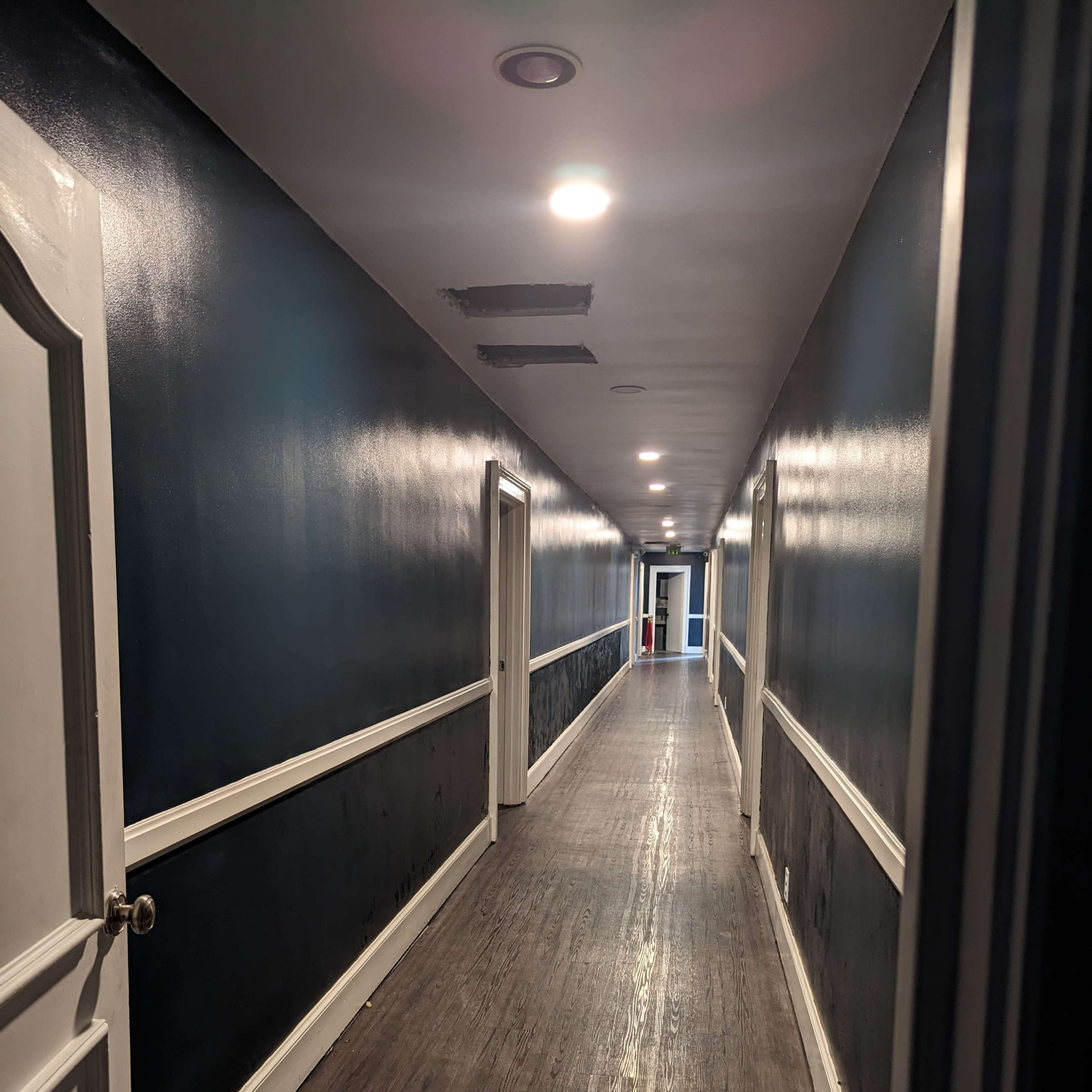 A long, dimly lit hallway with dark walls and multiple doors on either side leads to an open door at the far end.
