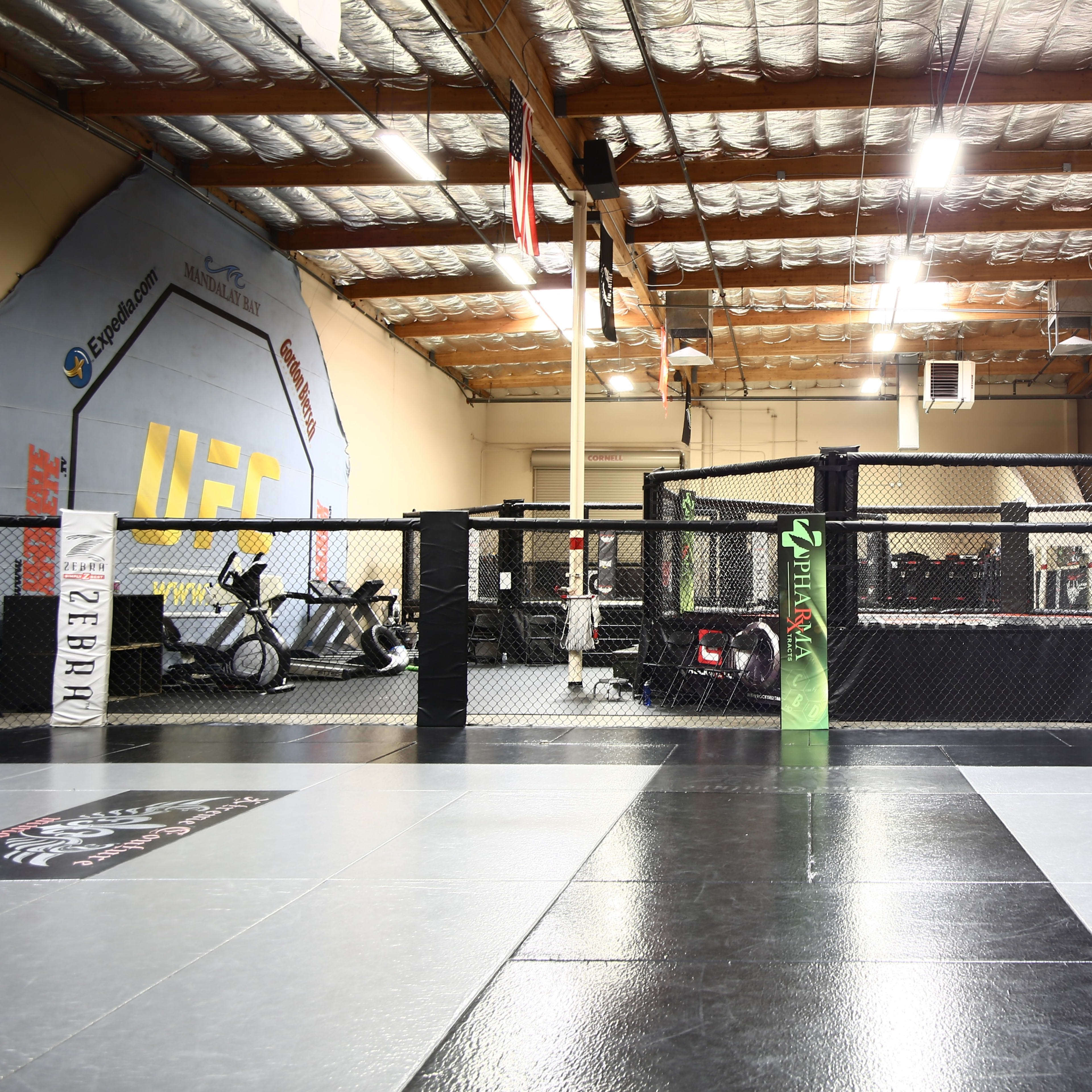 An empty mixed martial arts training facility with a central octagonal cage surrounded by various training equipment.