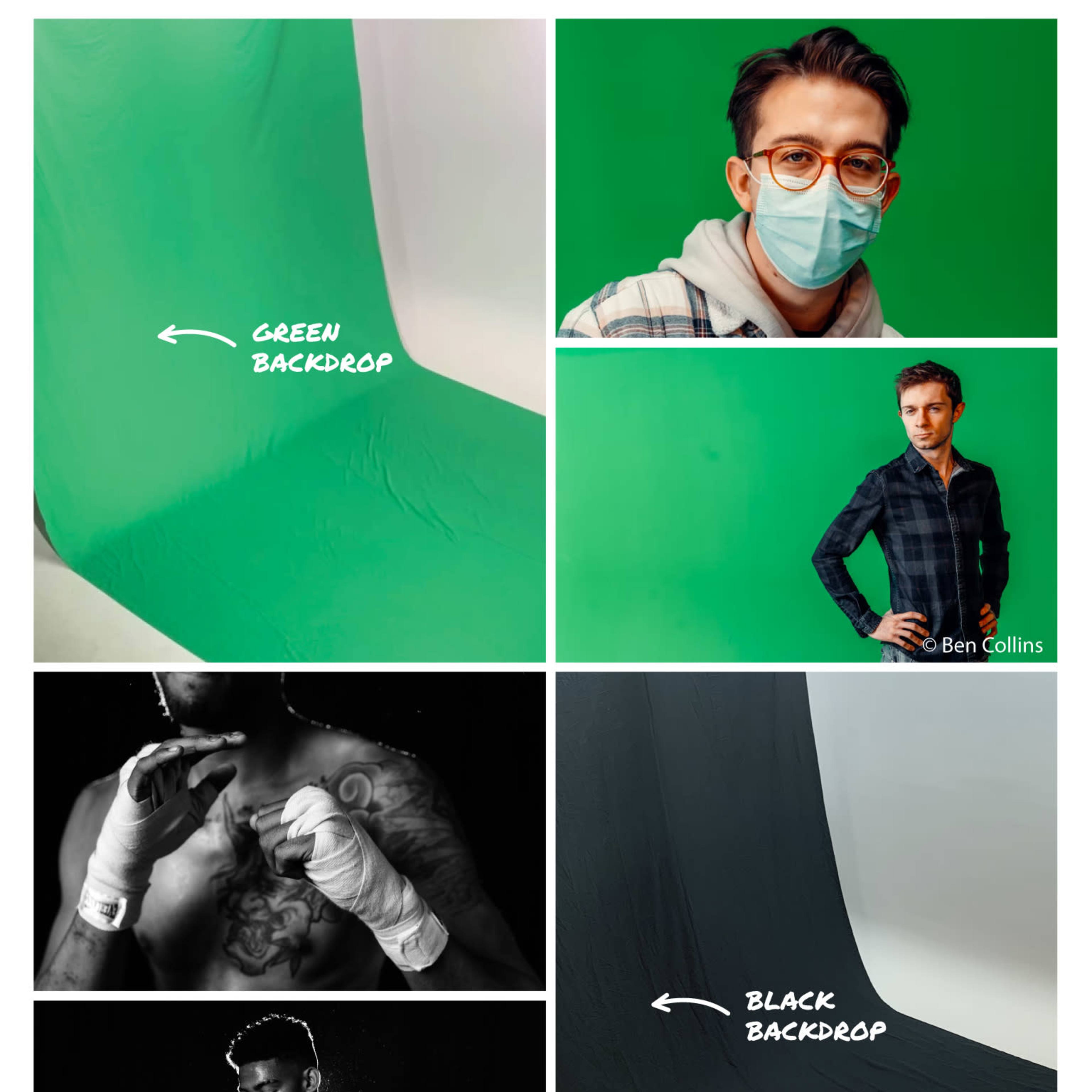 A collage of four photos featuring a green backdrop, a person wearing a mask, a black backdrop, and a close-up of a muscular torso with bandaged hands.