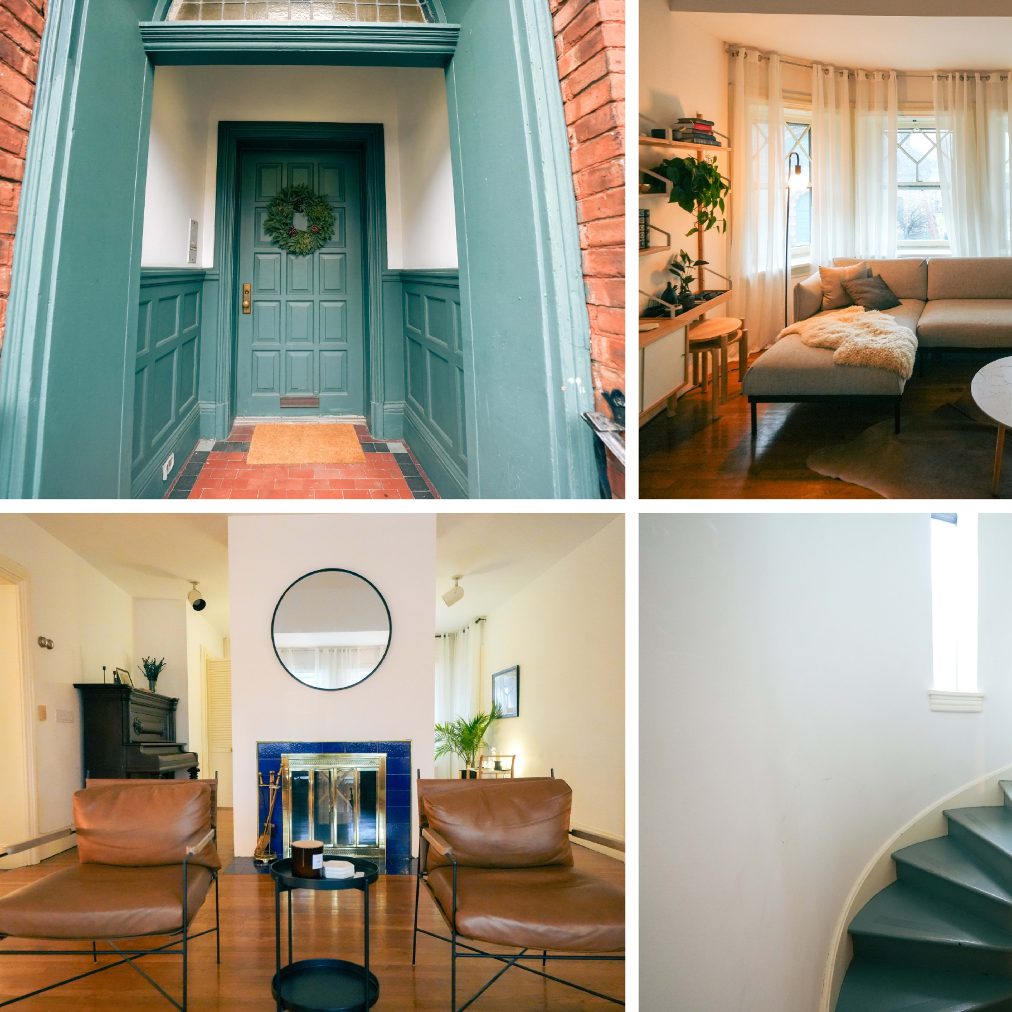 A collage of four scenes: a green front door adorned with a wreath, a bright living room with a sectional couch and a coffee table, a staircase leading to an upper level, and a sitting area with leather chairs and a fireplace.
