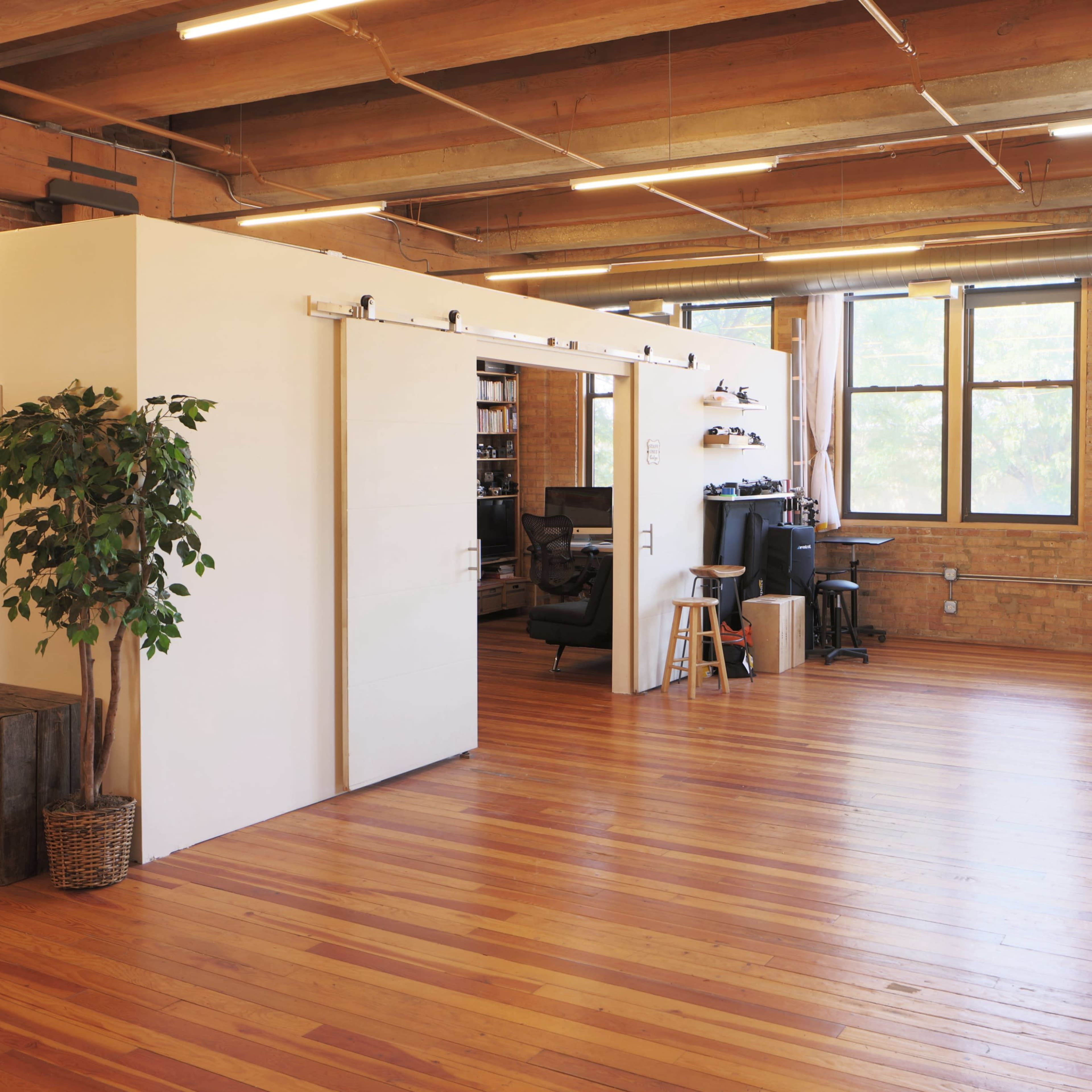 A spacious room with wooden floors, large windows, a white partition, and scattered greenery.