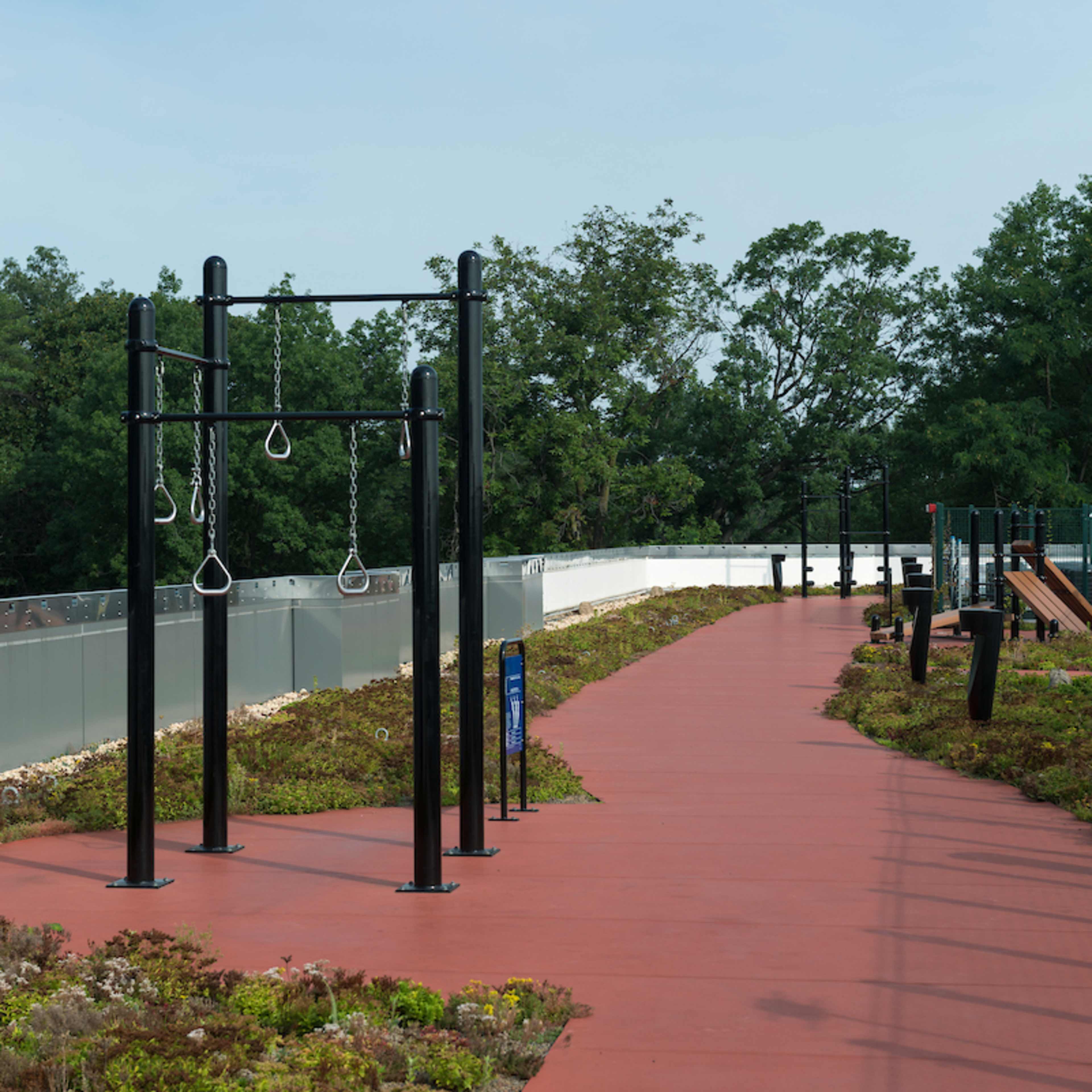 A pathway lined with greenery and exercise equipment, including swing-like bars, under a clear sky.
