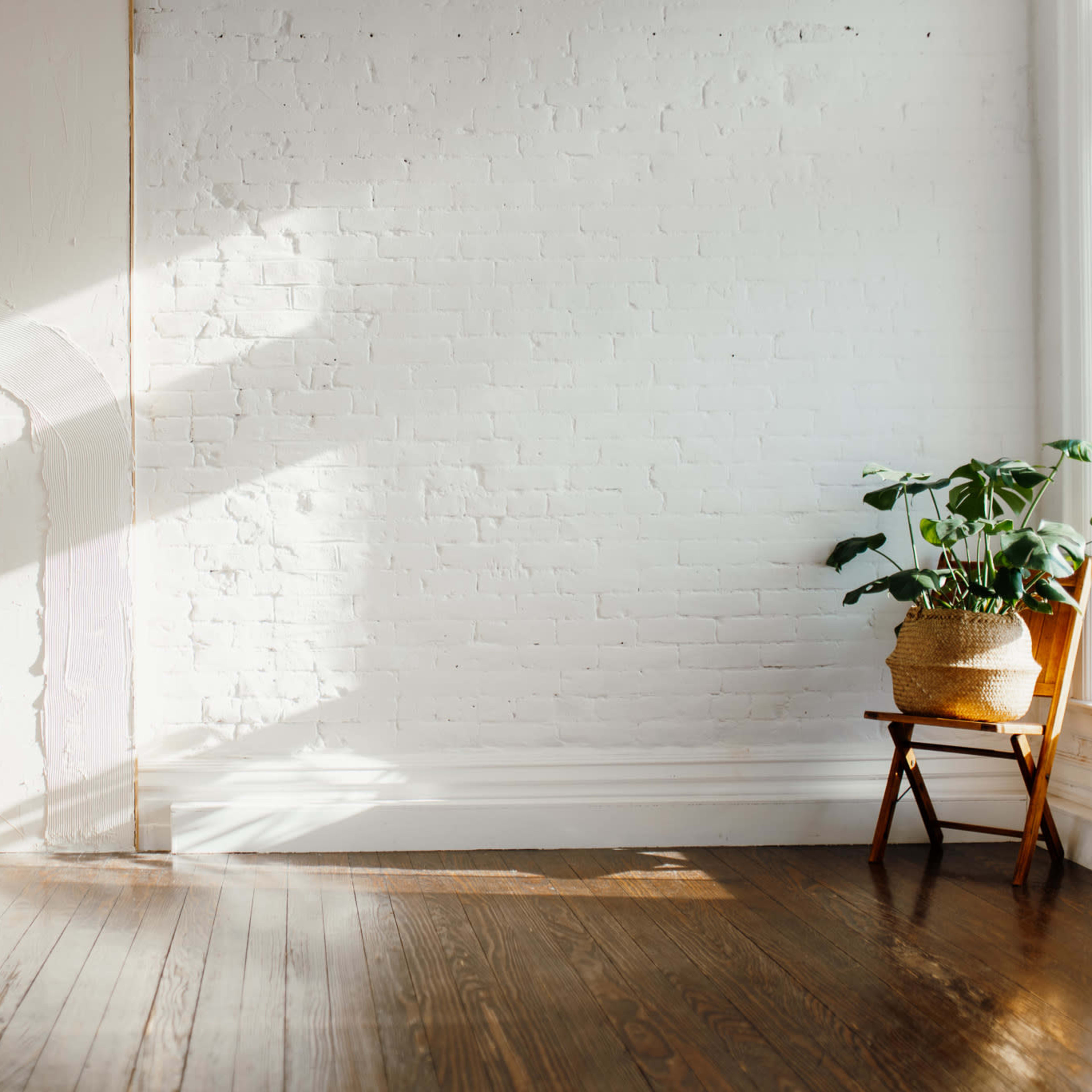 A sunlit room features a wooden ladder against a white brick wall and a potted plant next to a chair on a polished wooden floor.