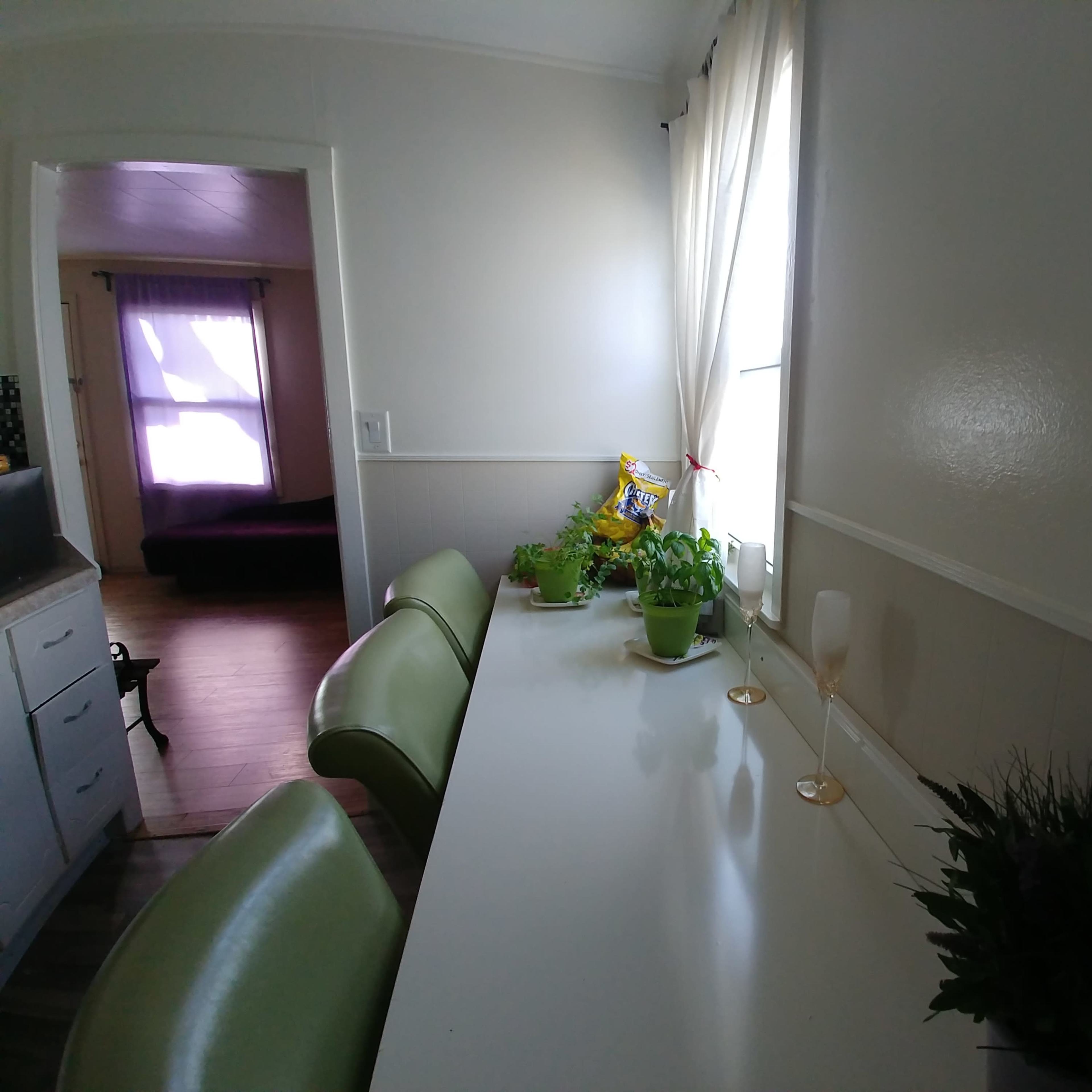 A clean, well-lit kitchen features a long white table with green chairs, adorned with potted plants and two champagne flutes near a window.