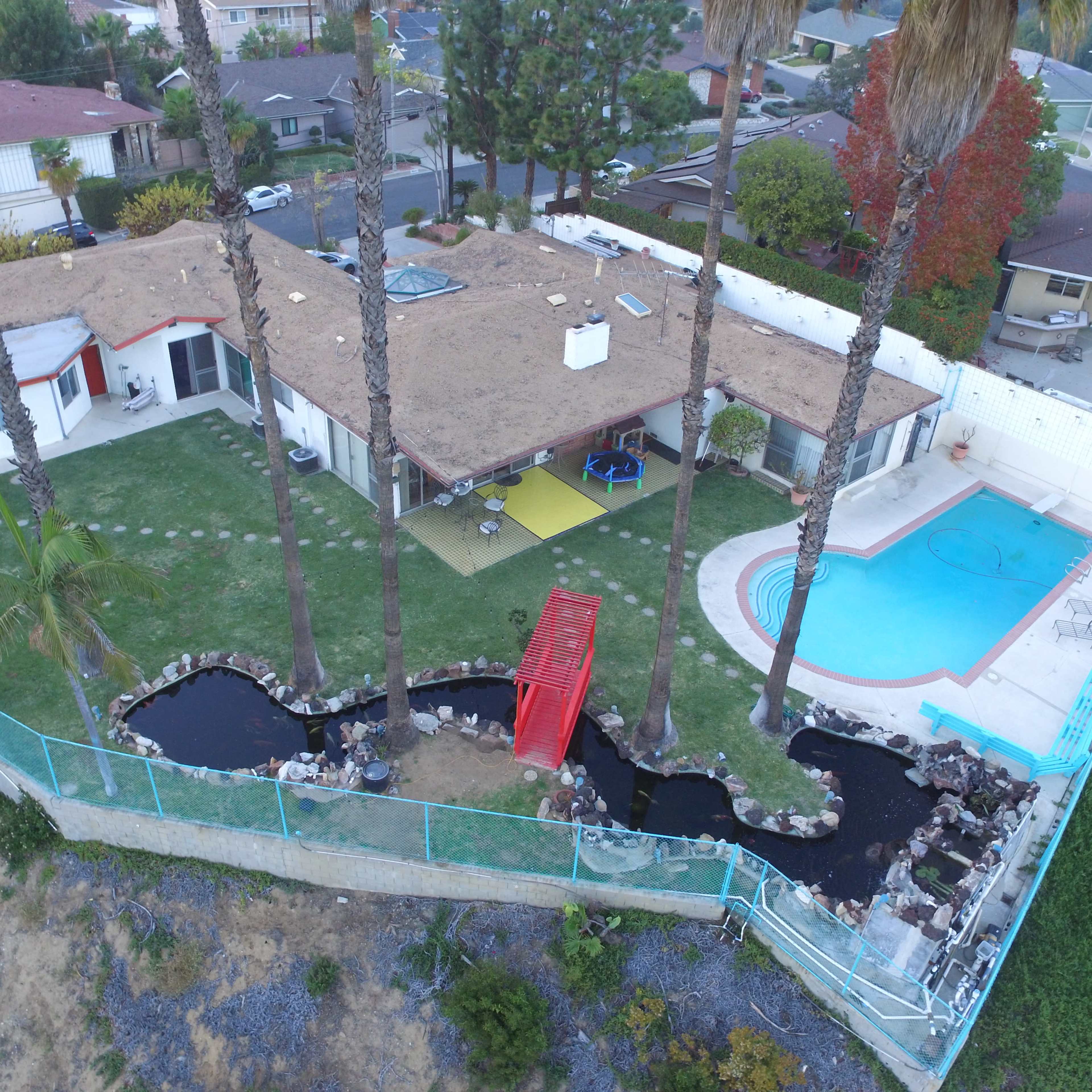 A single-story house with a pool, surrounded by palm trees and a landscaped yard featuring a pond with a small red decorative bridge.