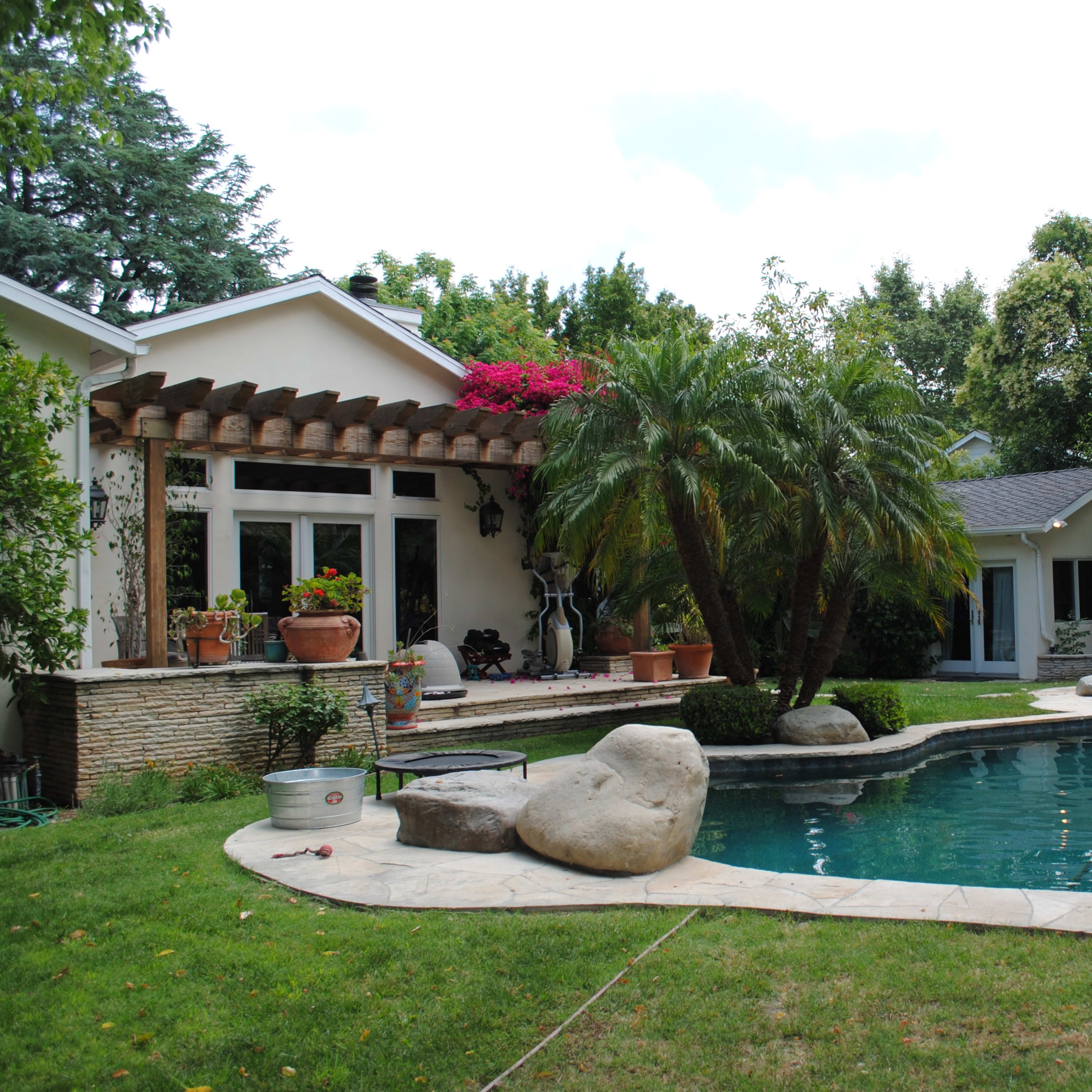 A backyard features a swimming pool surrounded by rocks, palm trees, and a patio with potted plants and a trellis.