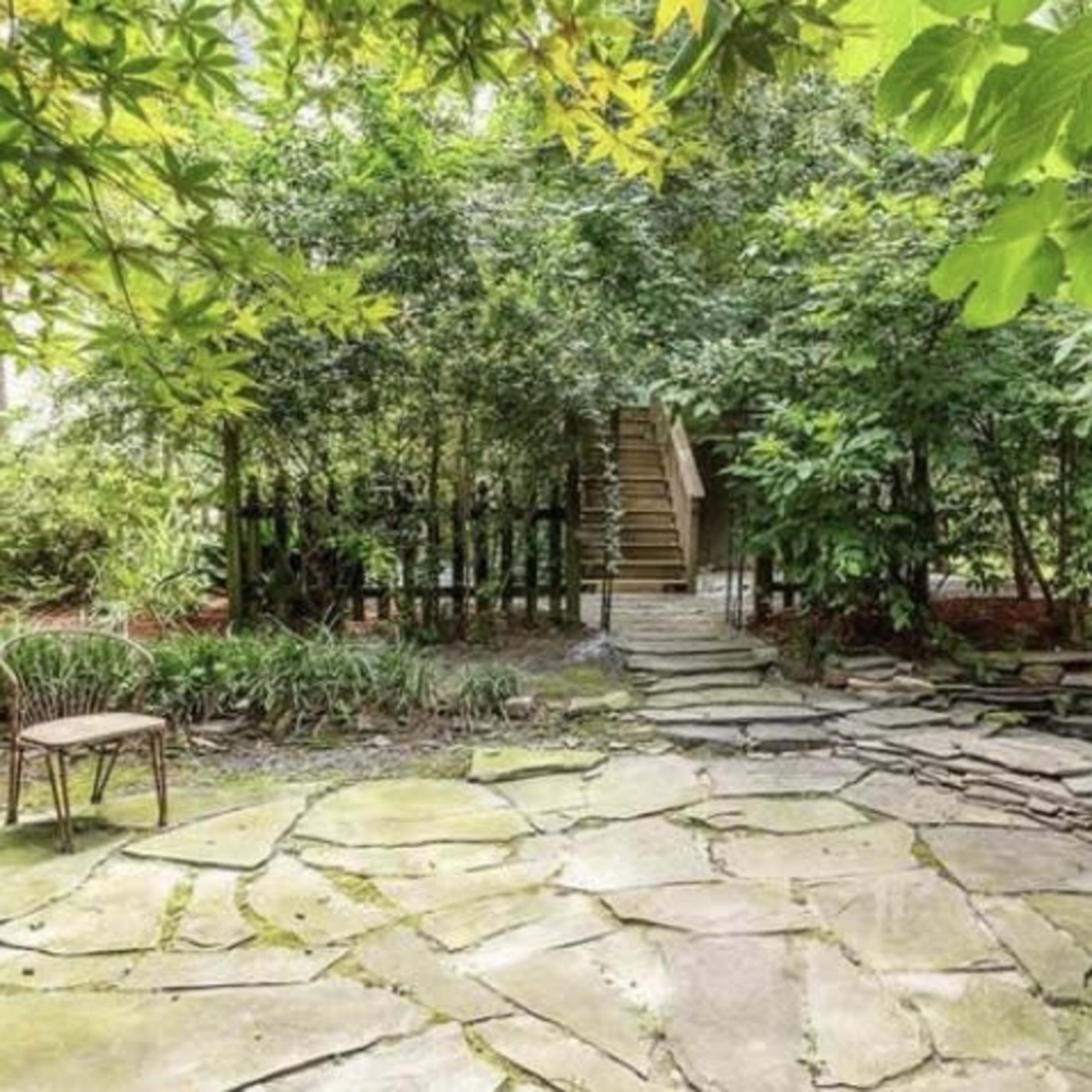 A stone pathway leading to wooden steps surrounded by lush greenery and plants.