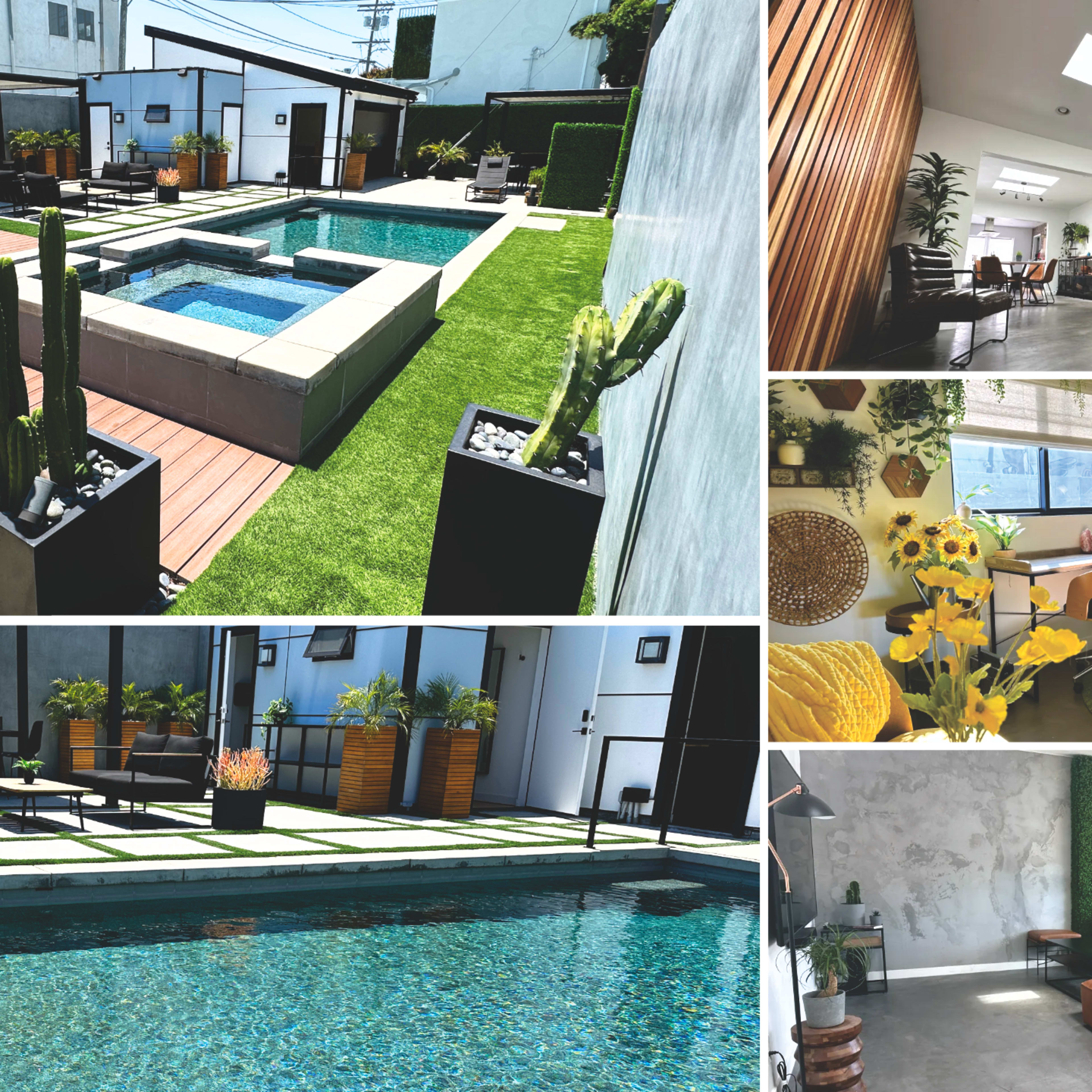 A modern outdoor and indoor space featuring a pool, lounge chairs, planters, and a variety of plants in a well-lit environment.
