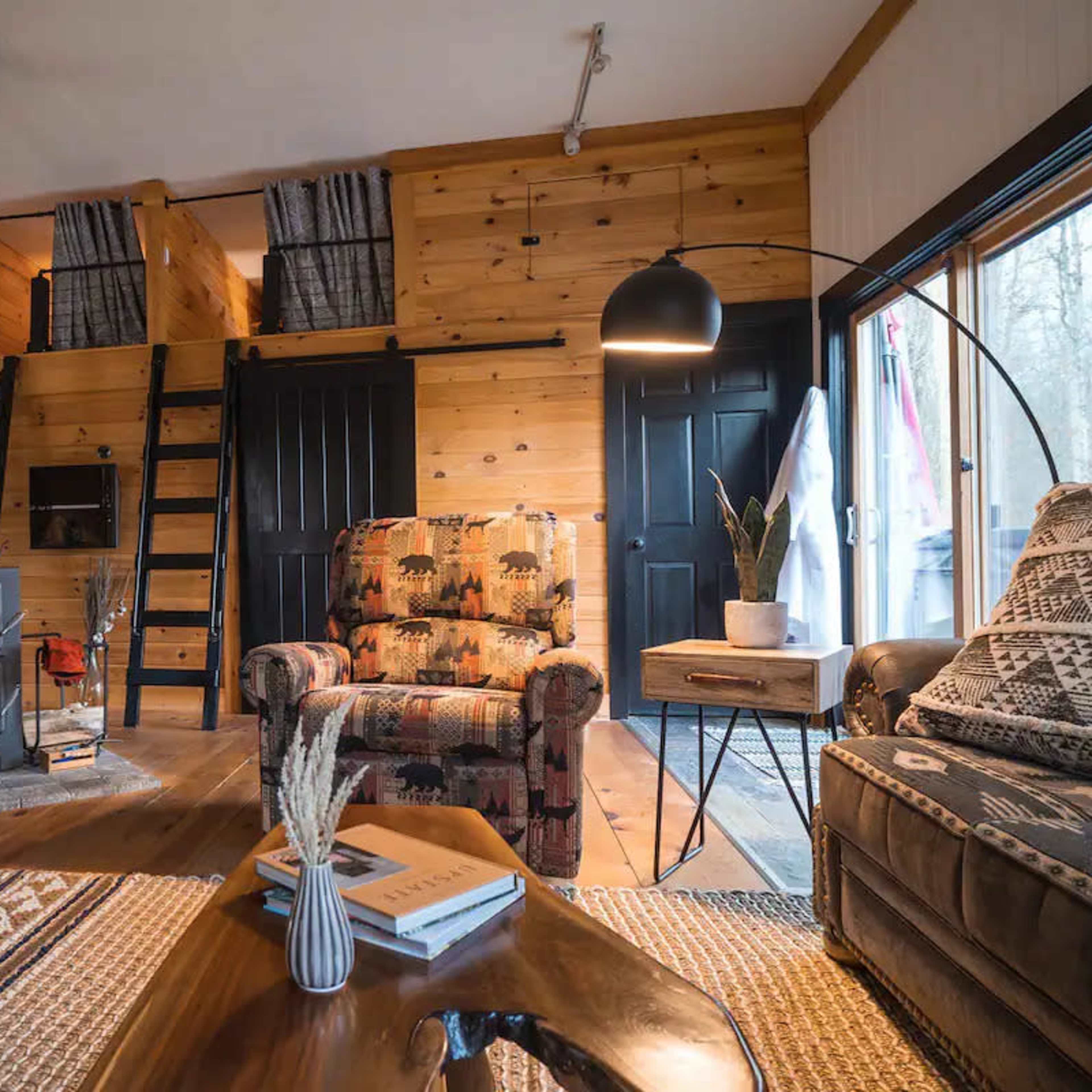A cozy living space featuring a wood-burning stove, a patterned armchair, and wooden walls, with a ladder leading to a loft area.