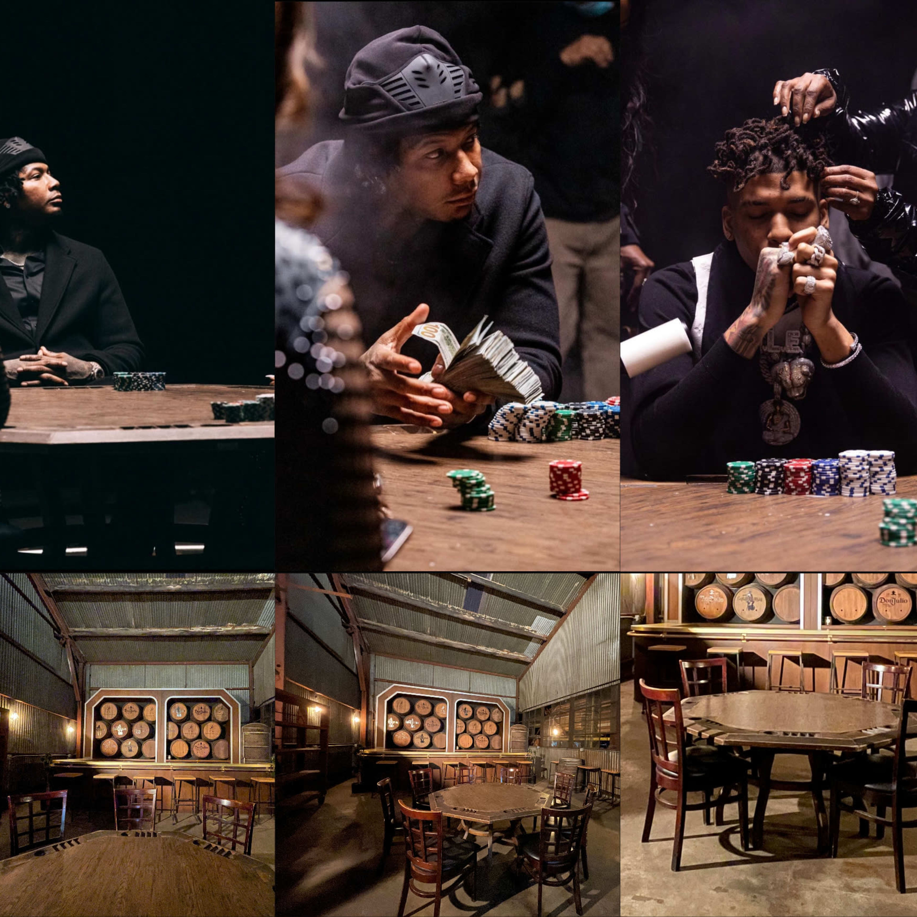 Multiple scenes of a poker game set in a dimly lit room, showcasing players at a wooden table with poker chips and cards while others observe.