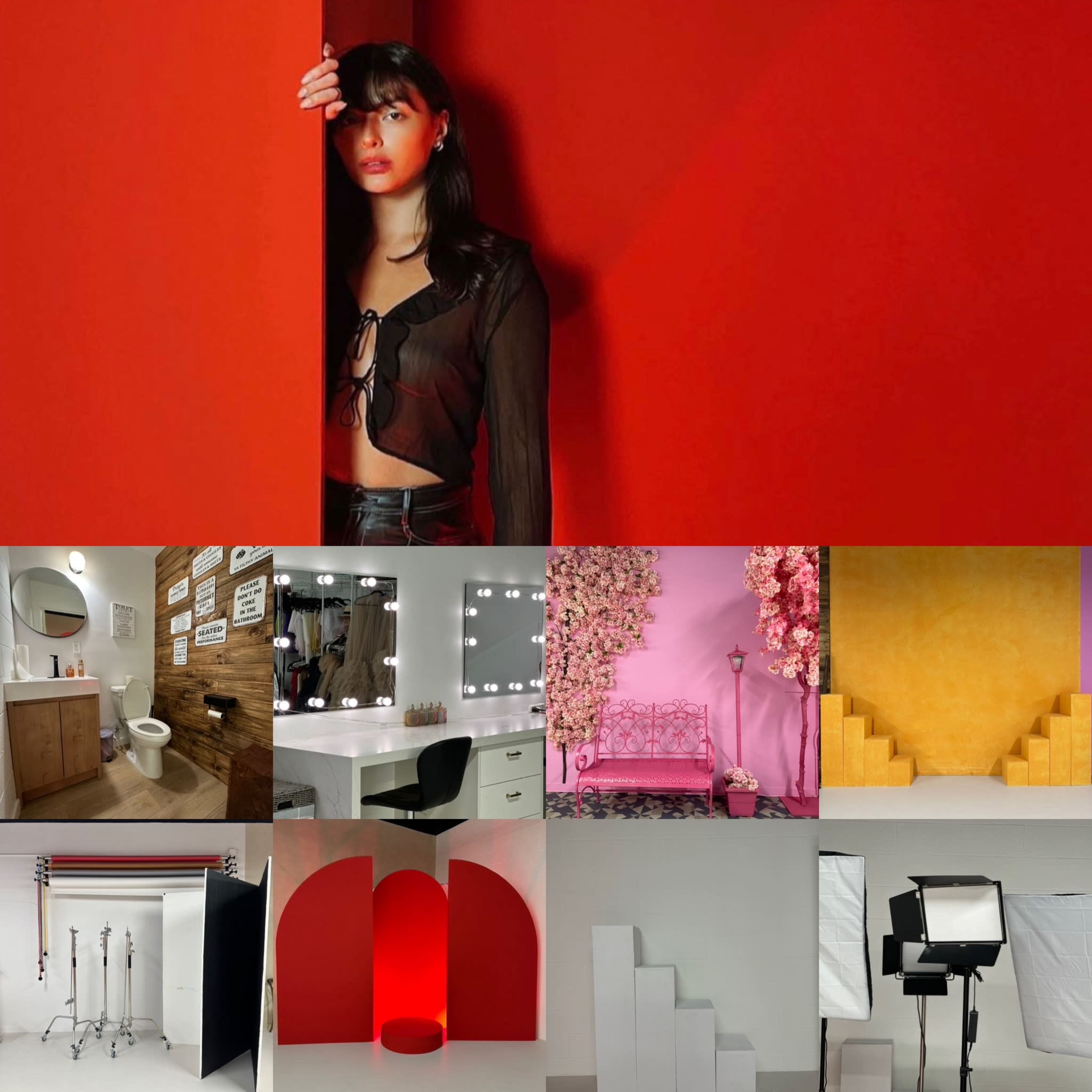 A grid of various photography studio setups, including colored backdrops, a model against a red wall, and different props and lighting arrangements.