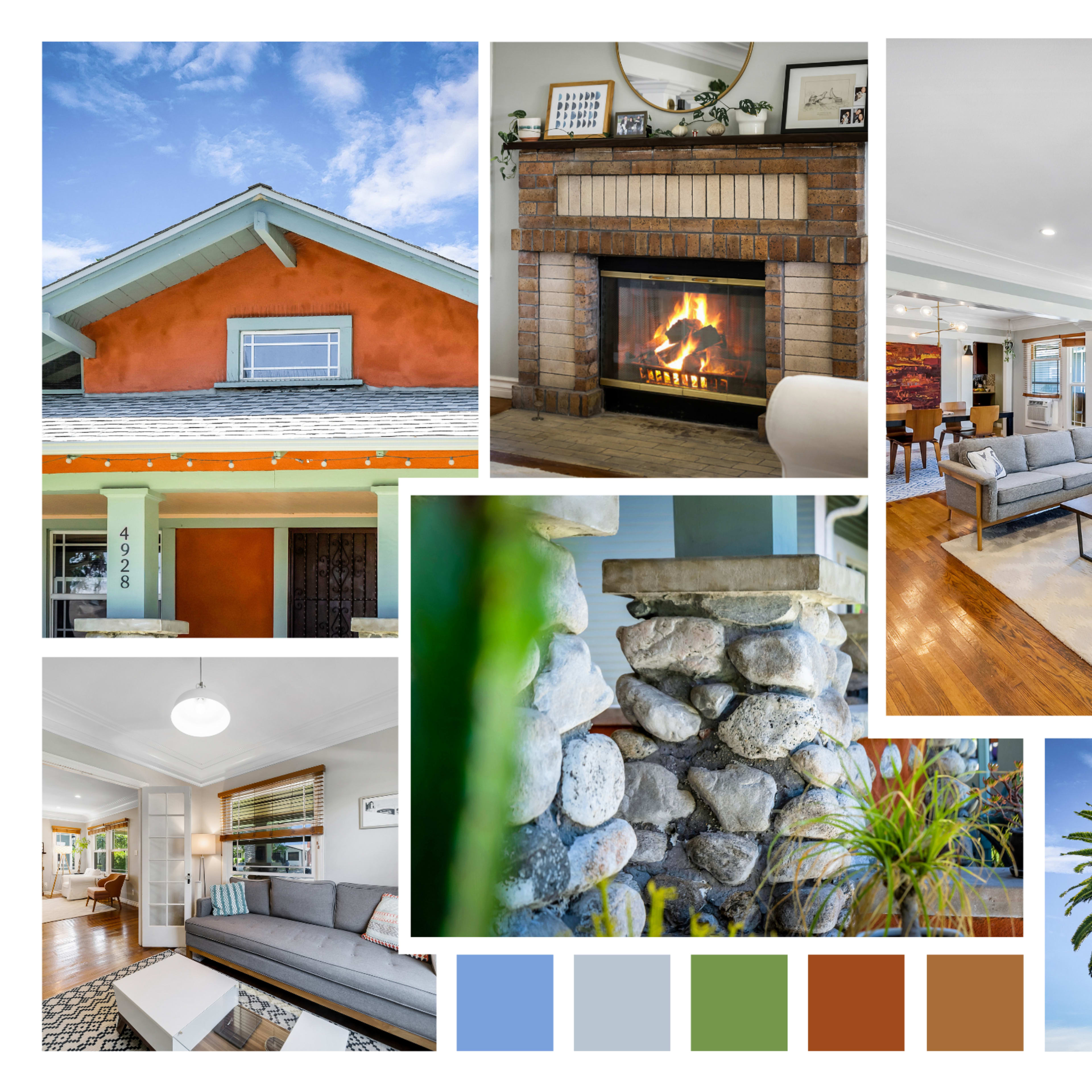The collage features various images of a home, including its exterior, living room with a fireplace, and decorative elements, alongside a color palette.