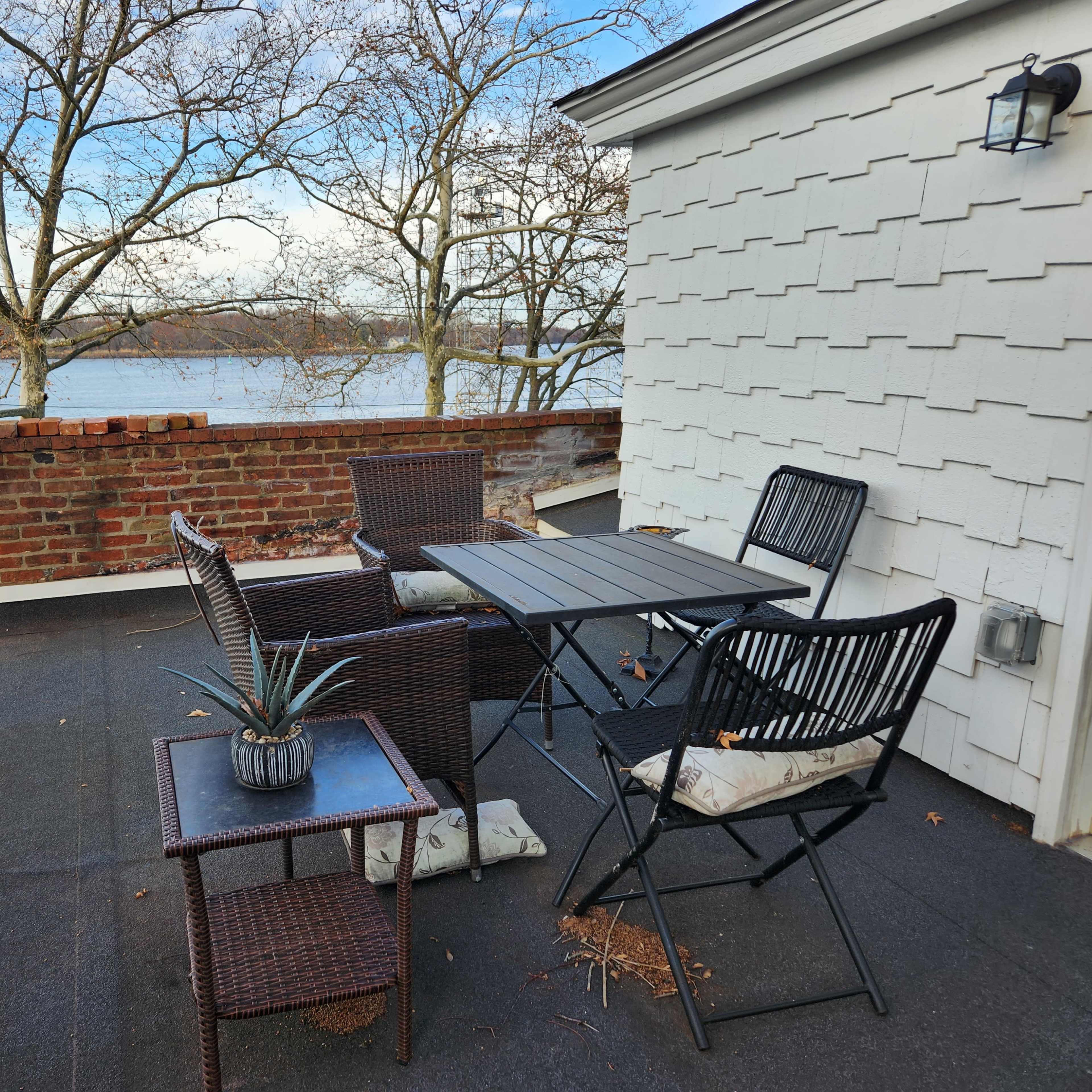 A patio area features a table and four chairs, alongside a potted plant, overlooking a body of water through bare trees.