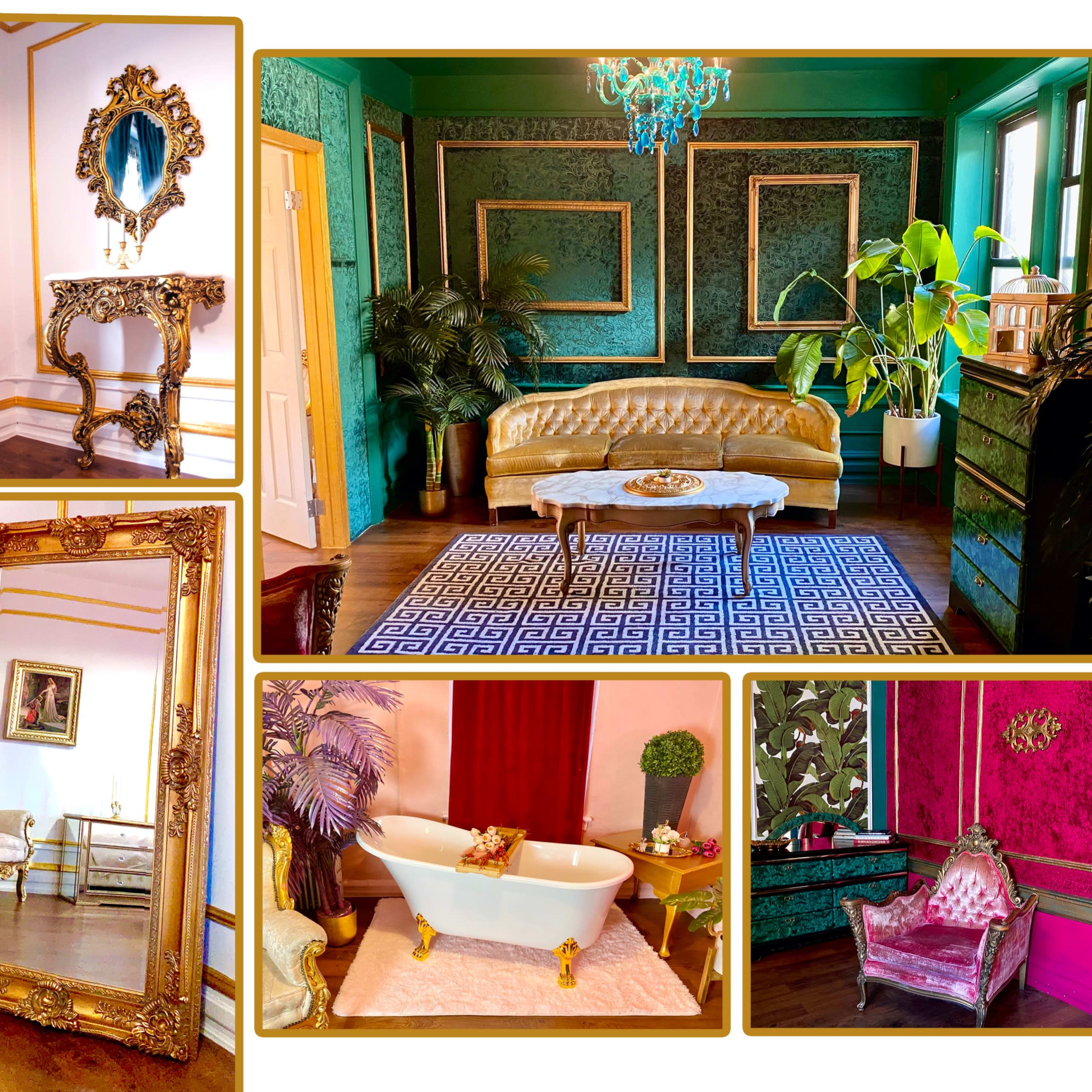 A collection of elegantly designed rooms featuring ornate furnishings, decorative mirrors, and vibrant color schemes.