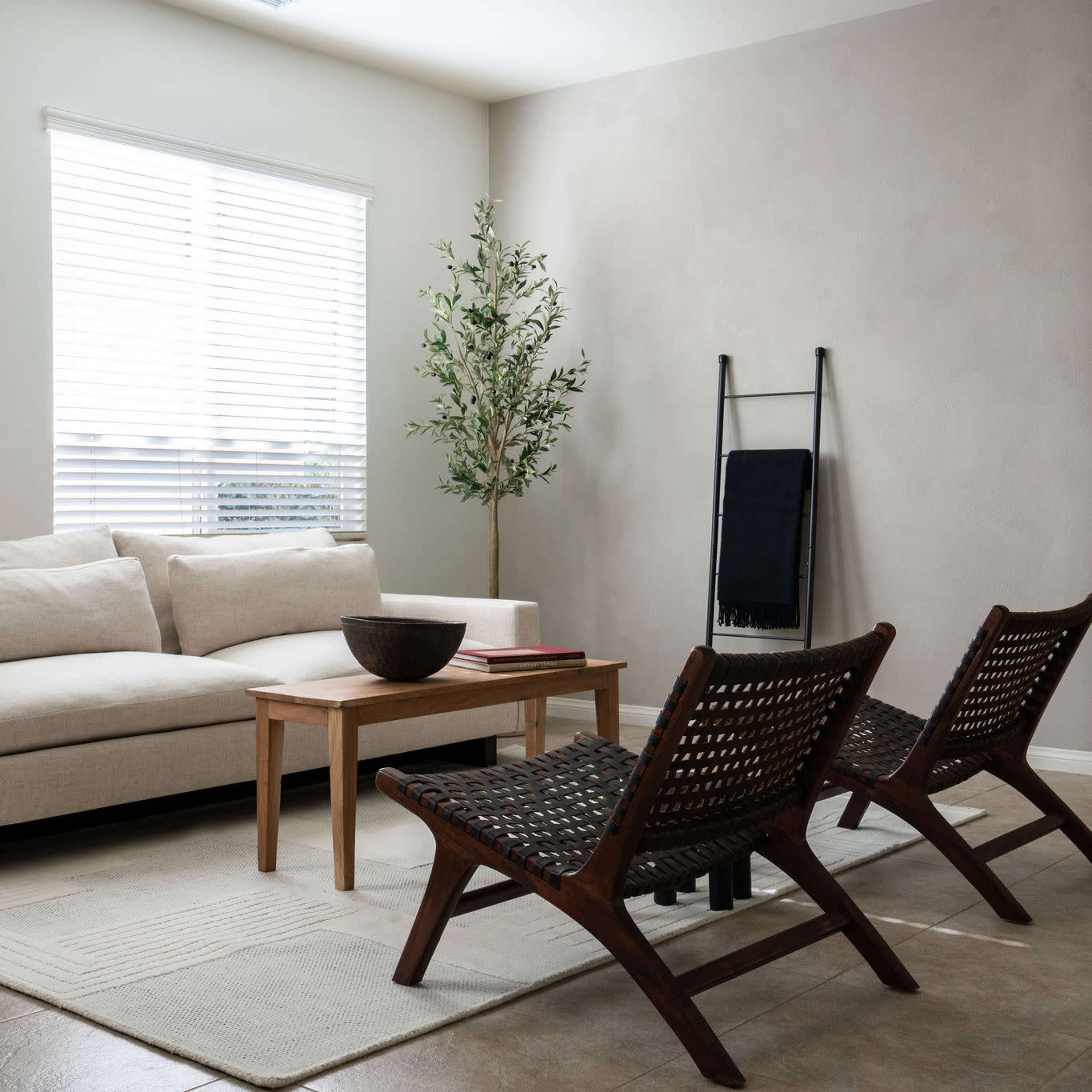 A modern living room with a light-colored sofa, a wooden coffee table, two woven chairs, and a decorative plant near a window.