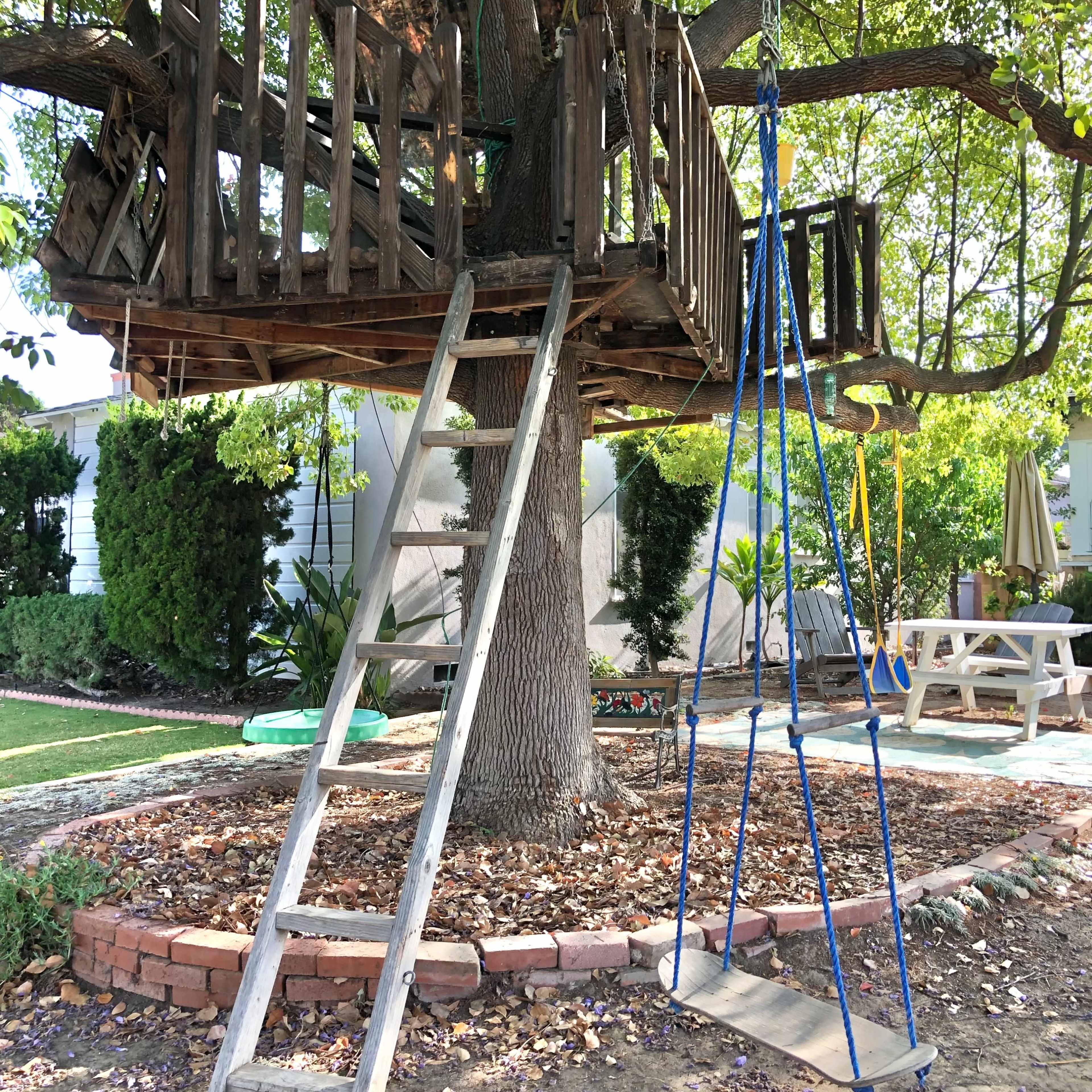 A wooden treehouse built in a tree, accessed by a ladder, with swings nearby on a landscaped lawn.