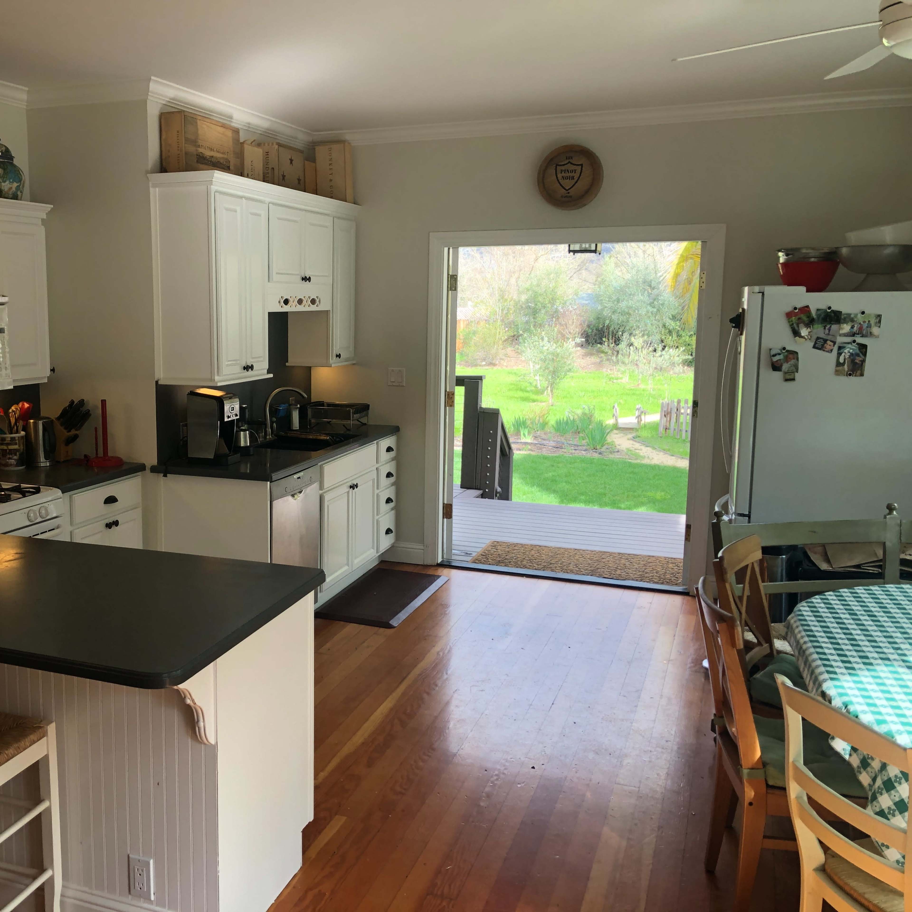 A bright kitchen with white cabinets, a black countertop, and a door leading to a green backyard.