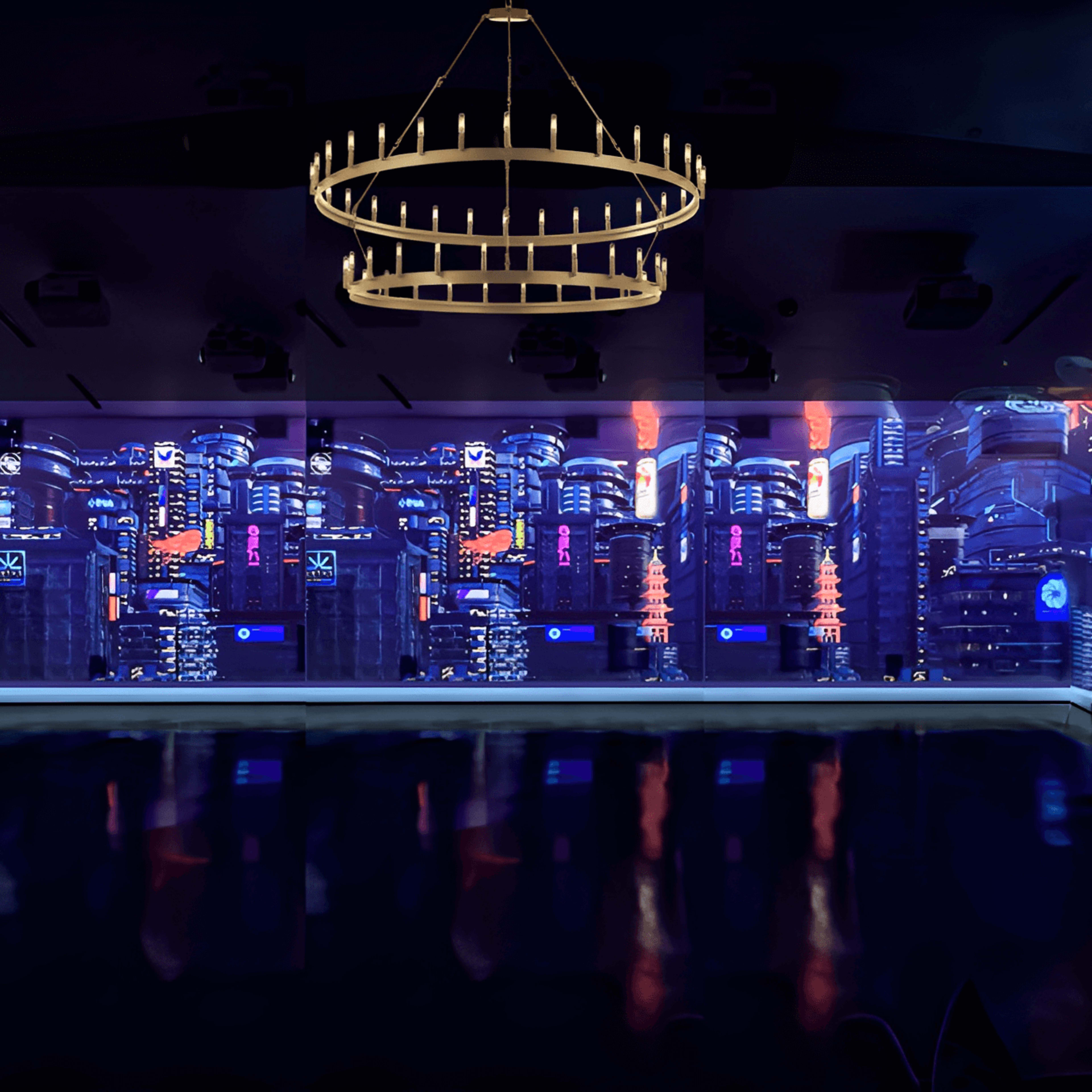 The scene features a futuristic room with illuminated chandeliers and a large wall displaying a vibrant cityscape filled with neon lights and tall buildings.