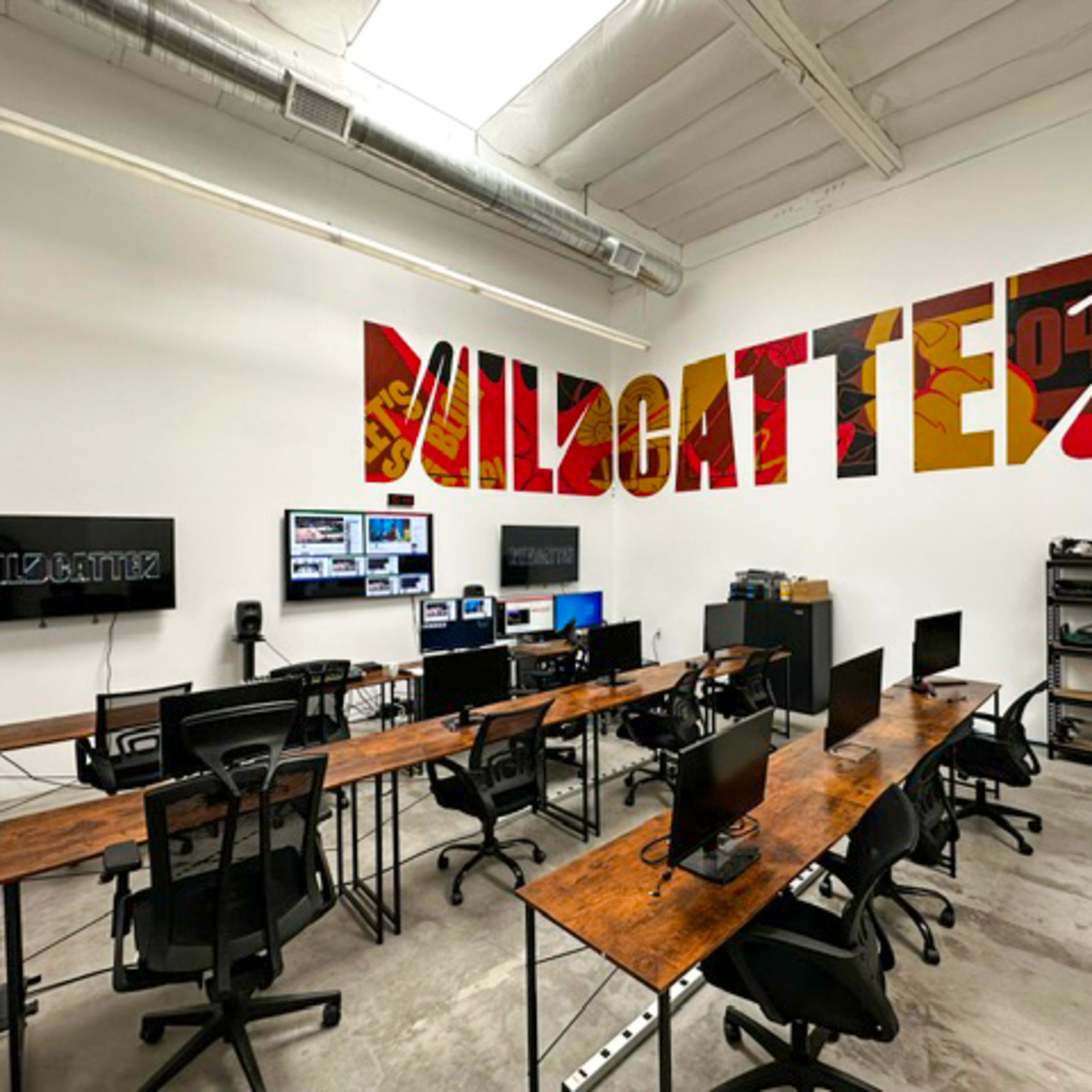 A modern office space featuring multiple workstations with computers, a large wall mural that says "WILDCATTEZ," and shelving units filled with equipment.