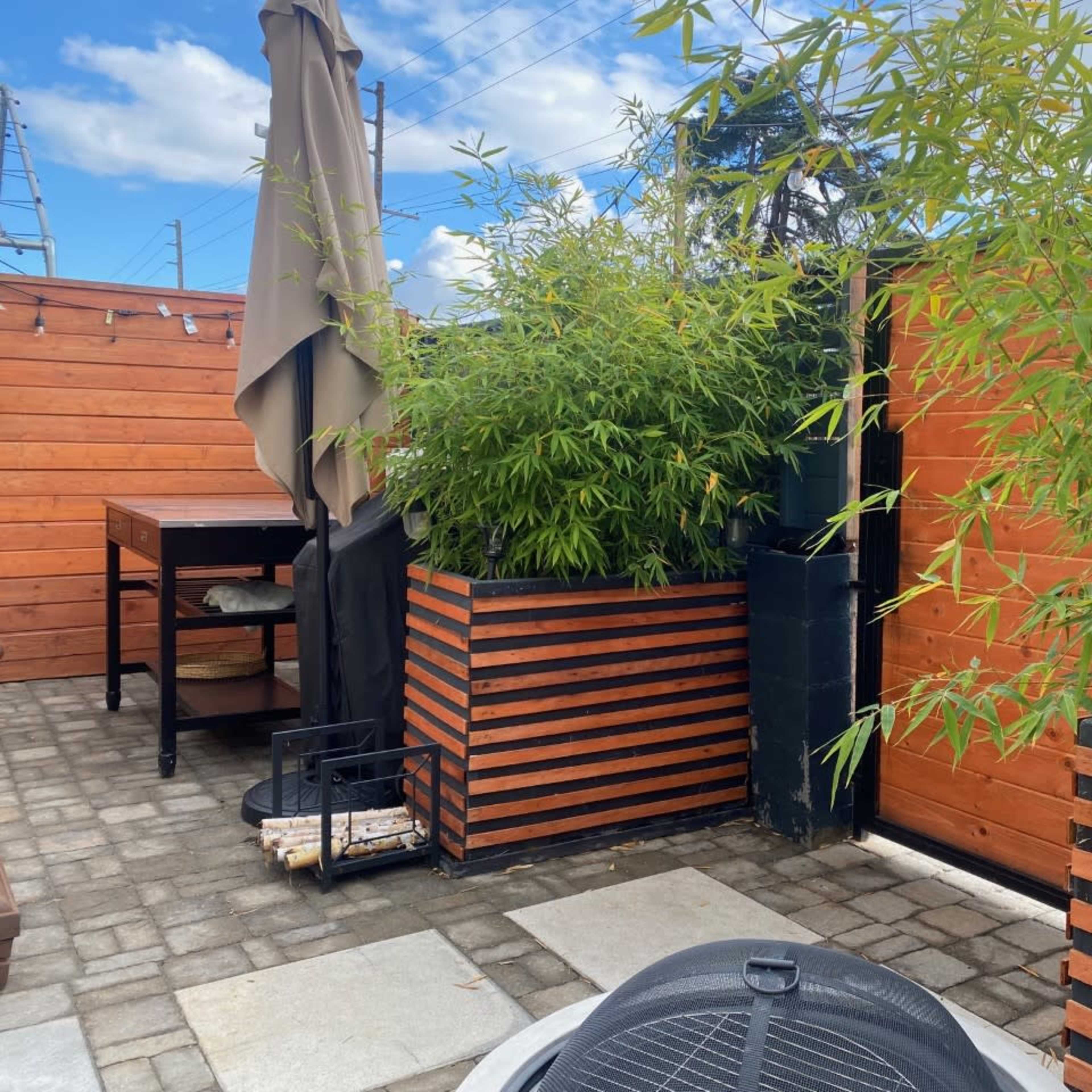 A patio area with bamboo plants in wooden planters, a grill on a stand, and a wooden fence.