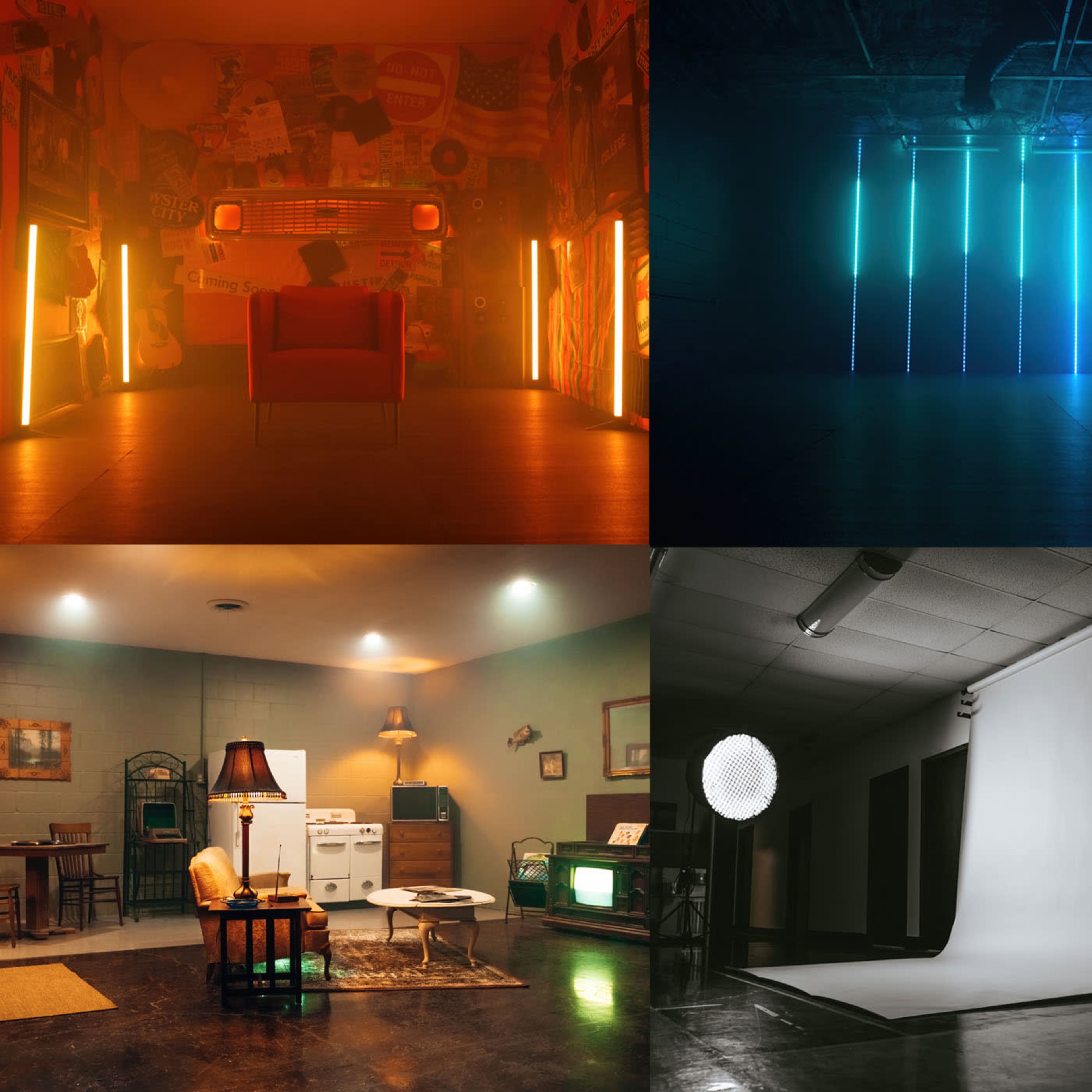 A collage of six distinct indoor scenes, each illuminated with different colored lights and showcasing various furniture and decor elements.