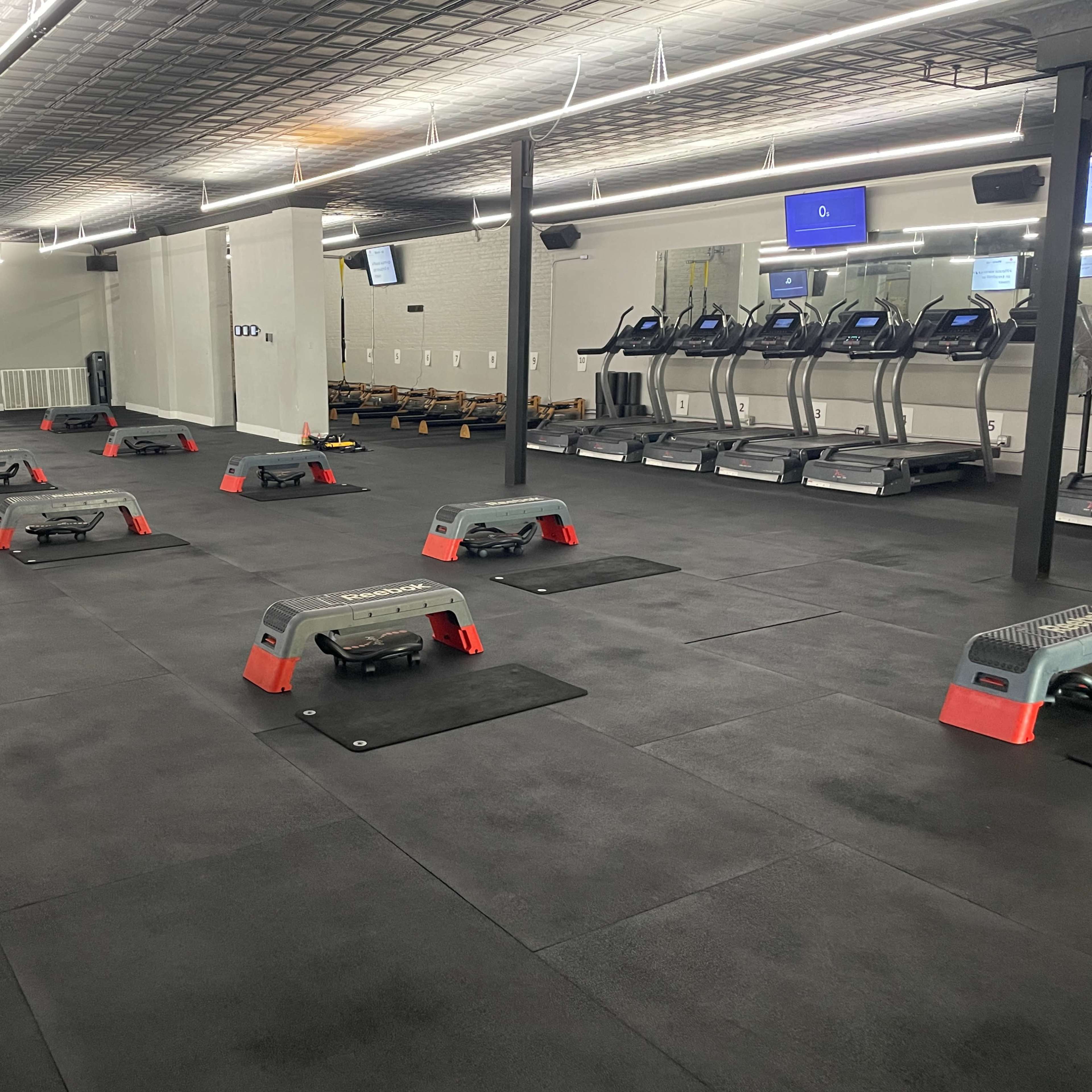 A gym interior with multiple exercise stations featuring step platforms and weights, along with a row of treadmills in the background.