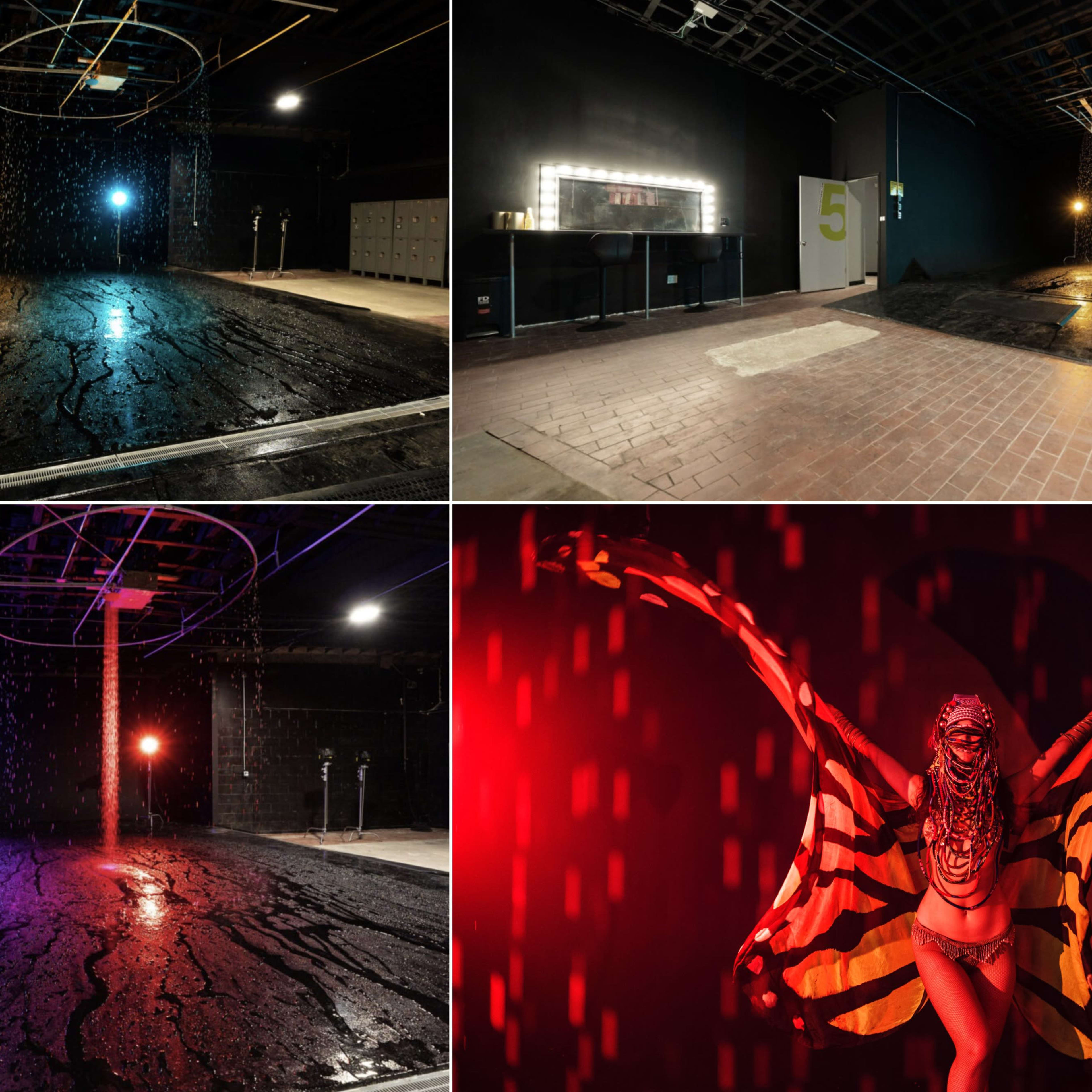 A series of four scenes showcasing an industrial space with various lighting setups, including a dark area with a reflective floor, a brightly lit section with mirrors, a stage-like area, and a performer in a striking pose with a flowing striped fabric.