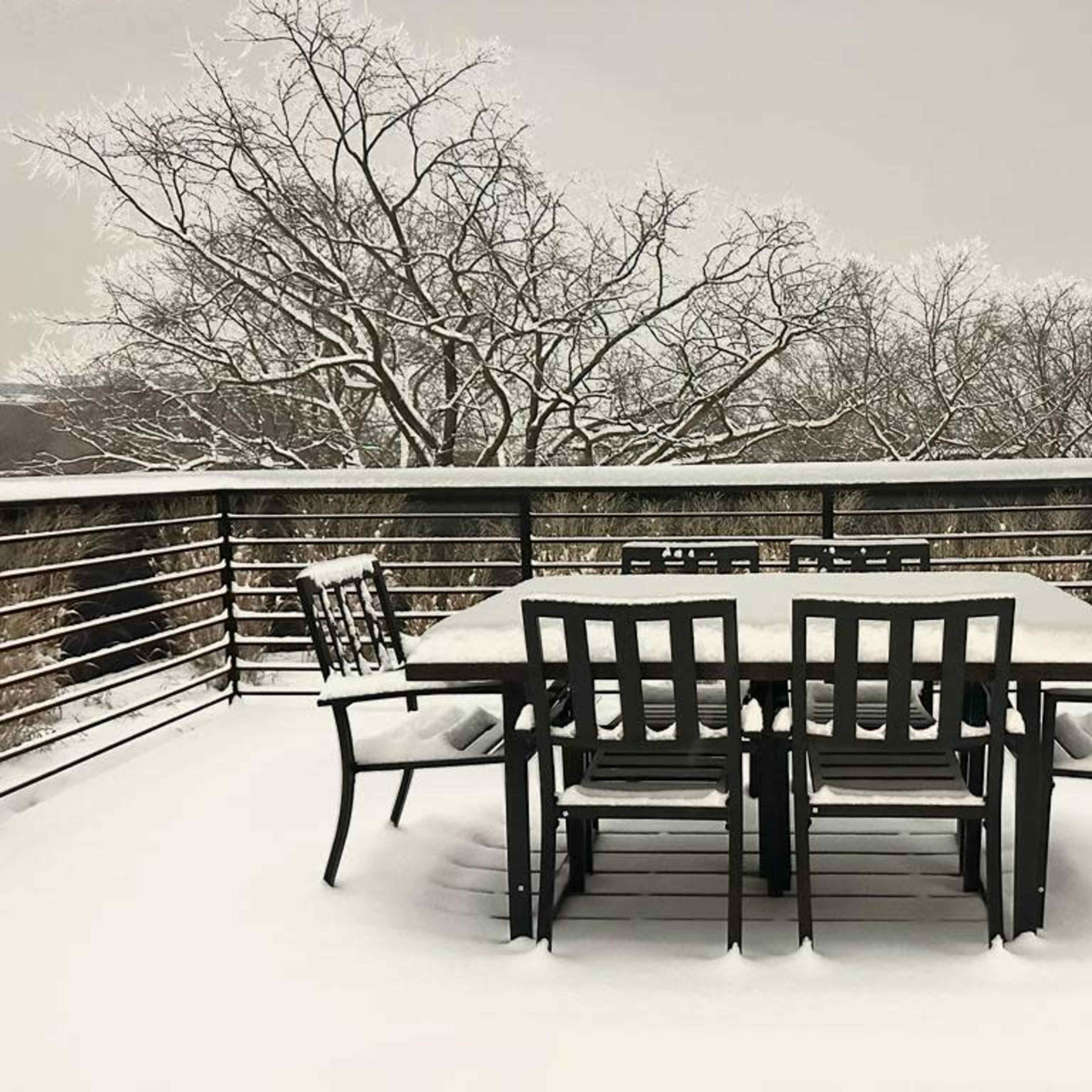 A snow-covered table and chairs sit on a deck surrounded by bare trees.